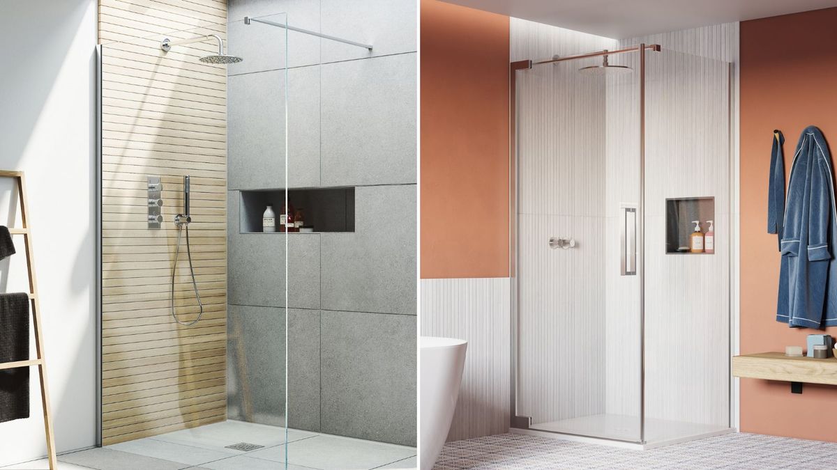 This image compares two modern shower designs: on the left, a sleek wet room with a frameless glass panel, textured wooden panelling, and built-in shelving for toiletries; on the right, a contemporary walk-in shower enclosed by glass, featuring vertical tiles, a built-in shelf, and warm terracotta walls accented with a hanging robe and minimalist decor.