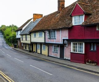 Colourful Timber Framed Houses. England, Essex, Saffron Walden, Bridge Street, Colourful Timber Framed Houses.