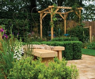 A beautifully designed garden with a wooden pergola in the background with a grapevine trained up it