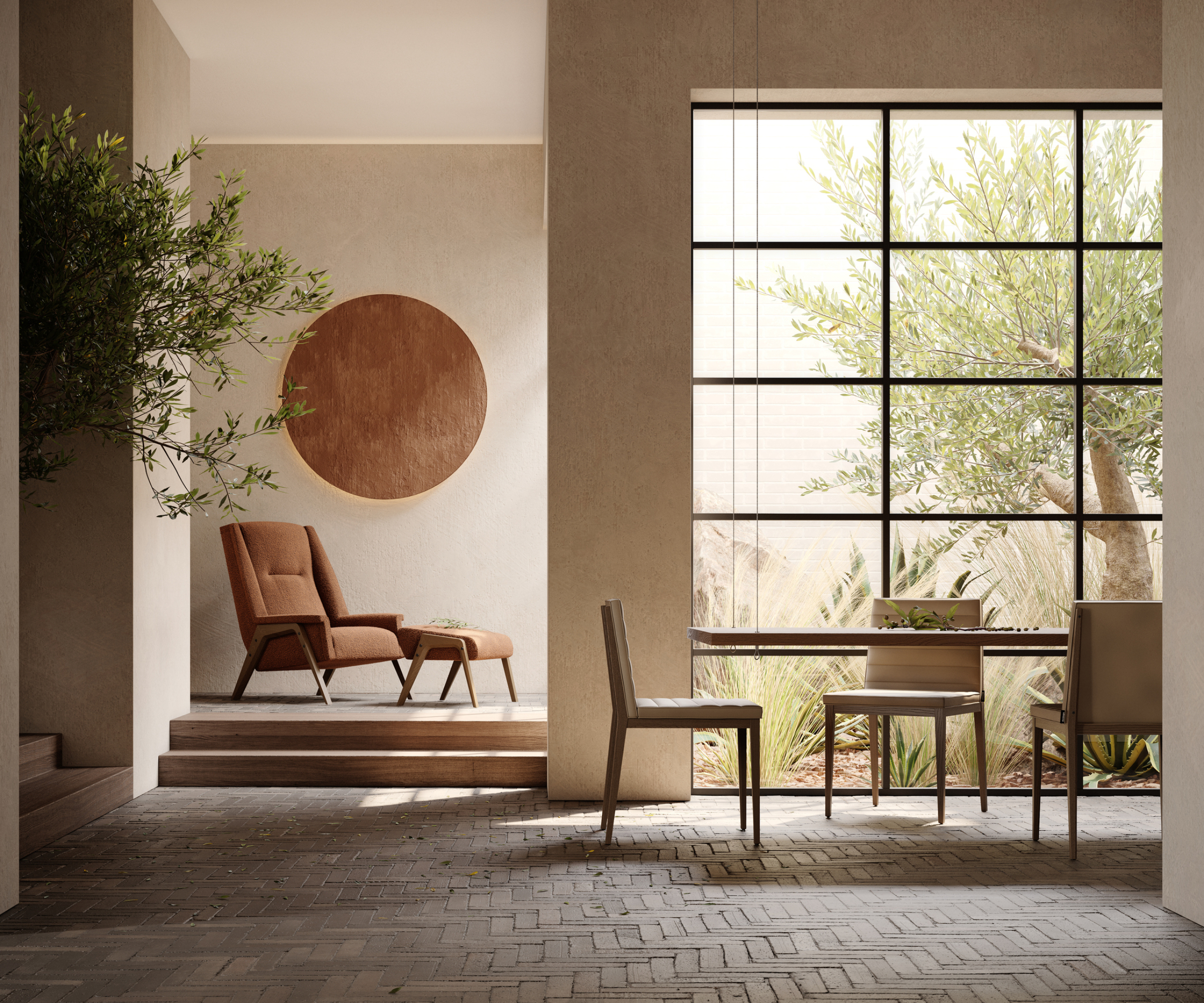 Split level design with small sitting area leading to outdoor courtyard, small steps inside leading to dining area