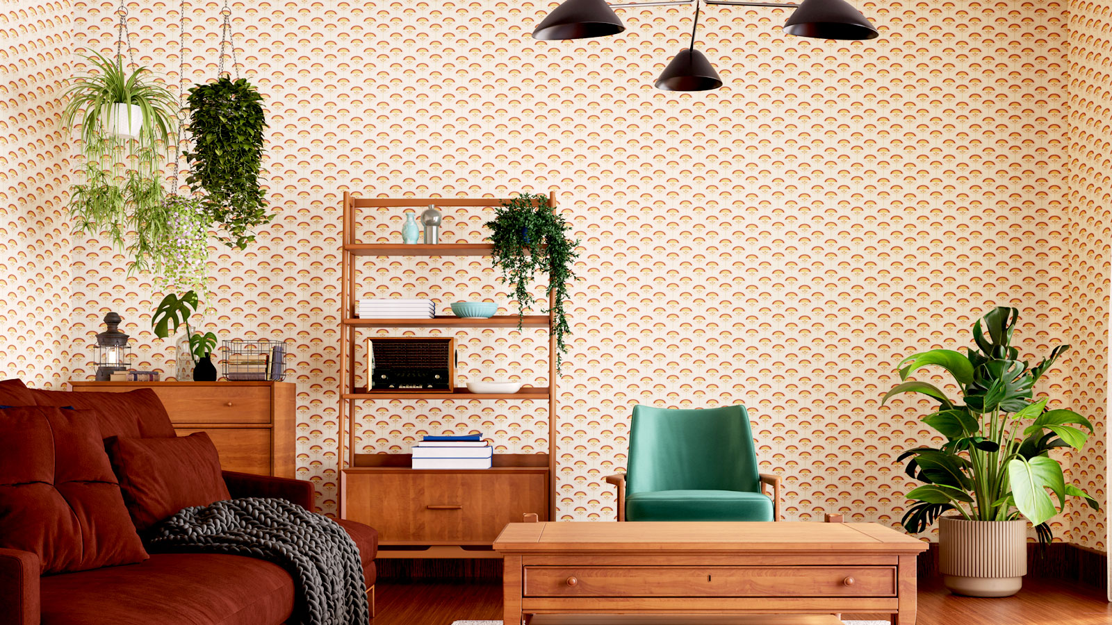 Retro home interiors 1950s style with patterned wallpaper and retro furniture