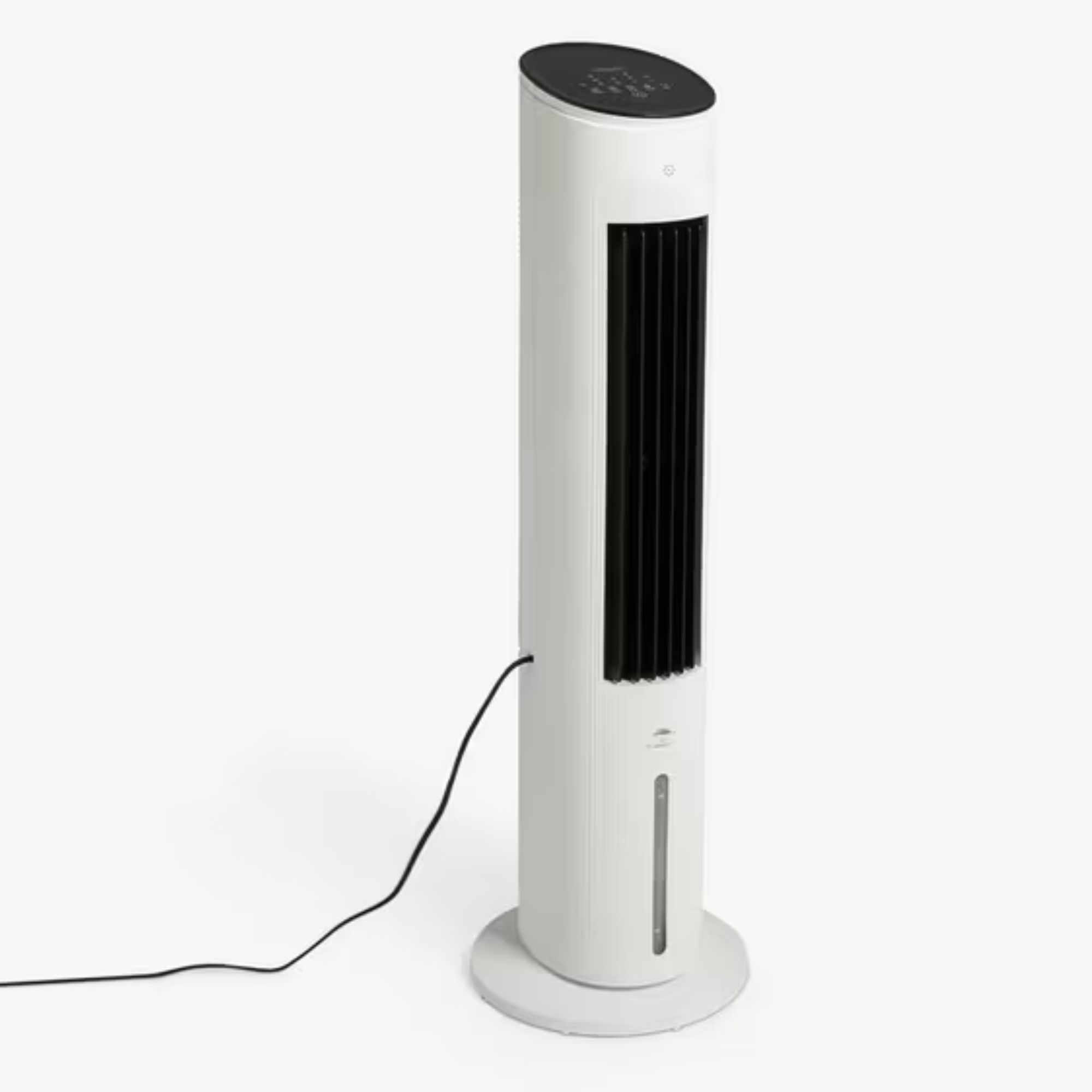 A white air cooling unit with a black extension cord