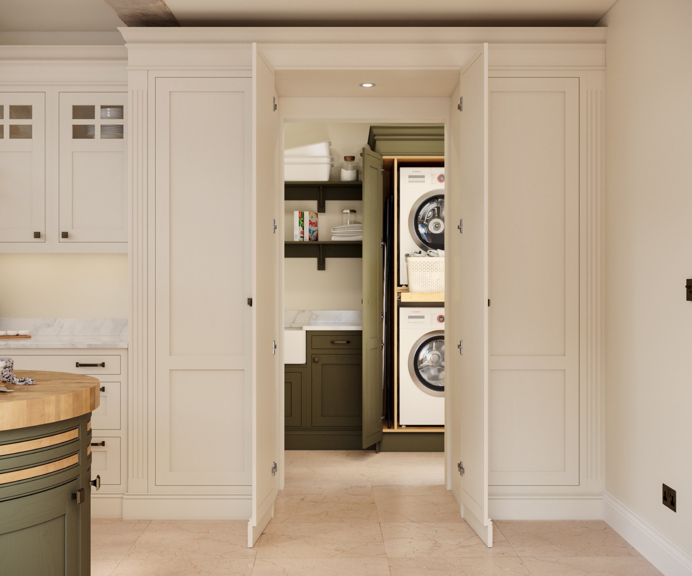 cream coloured kitchen with opening doors hidden amongst cabinetry revealing utility room behind