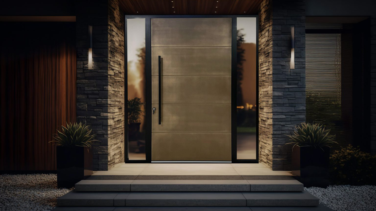 modern house illuminated at night with a contemporary bronze-coloured front door
