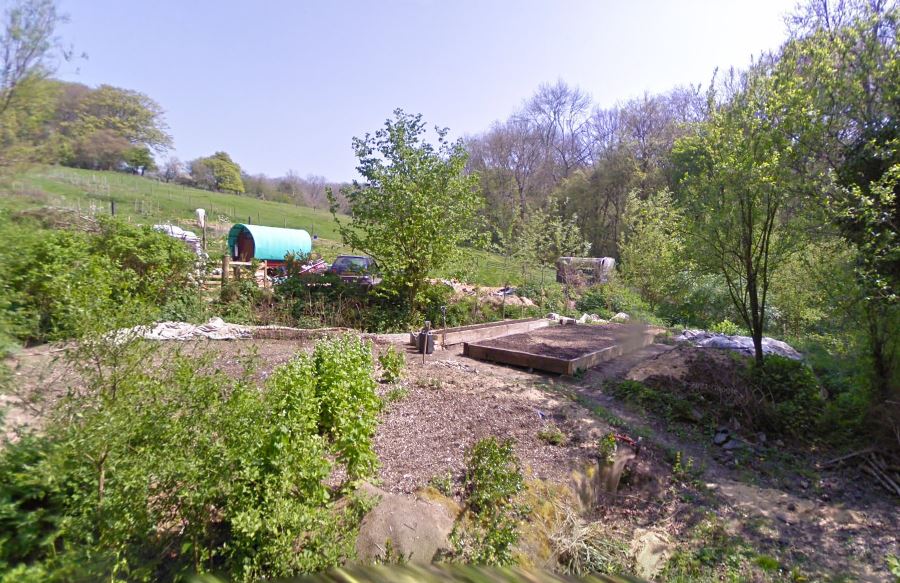 Traditional gypsy caravan with green roof on an area of land with vegetable plot beside it
