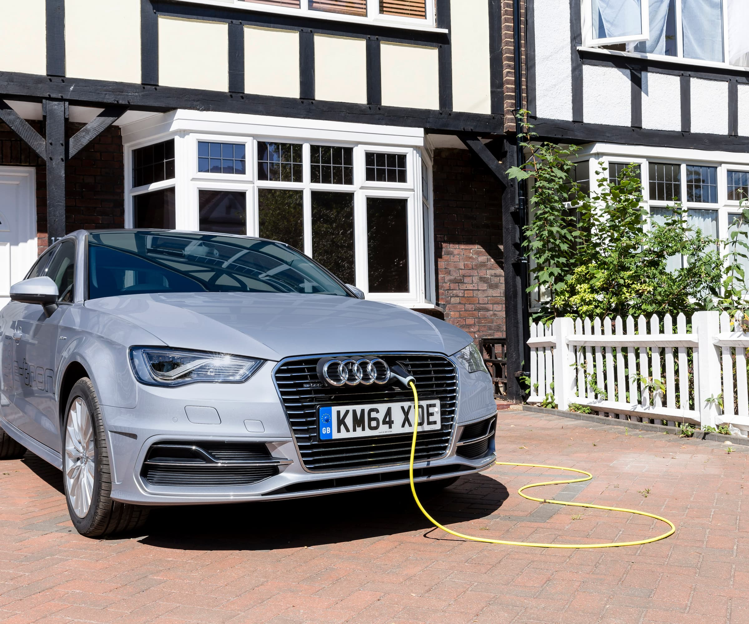 Ultra Low Audi A3 Sportback e-tron on charge on a London driveway on July 21, 2015 in London