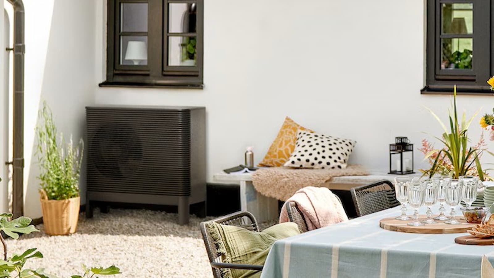 A black Ikea outside heat pump