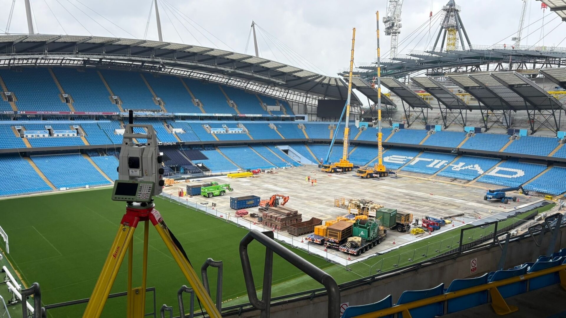 Peacock Precision Manchester City - View of the Etihad stadium pitch - Peacock Precision is carrying out work to survey and install giant screens at Manchester City