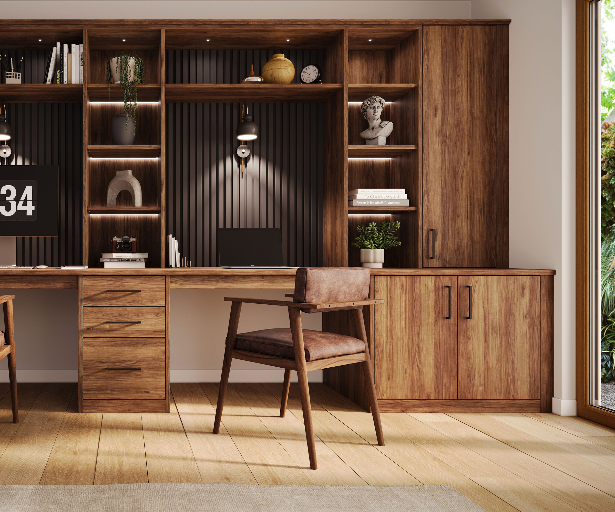 walnut home office with wide plank wooden flooring