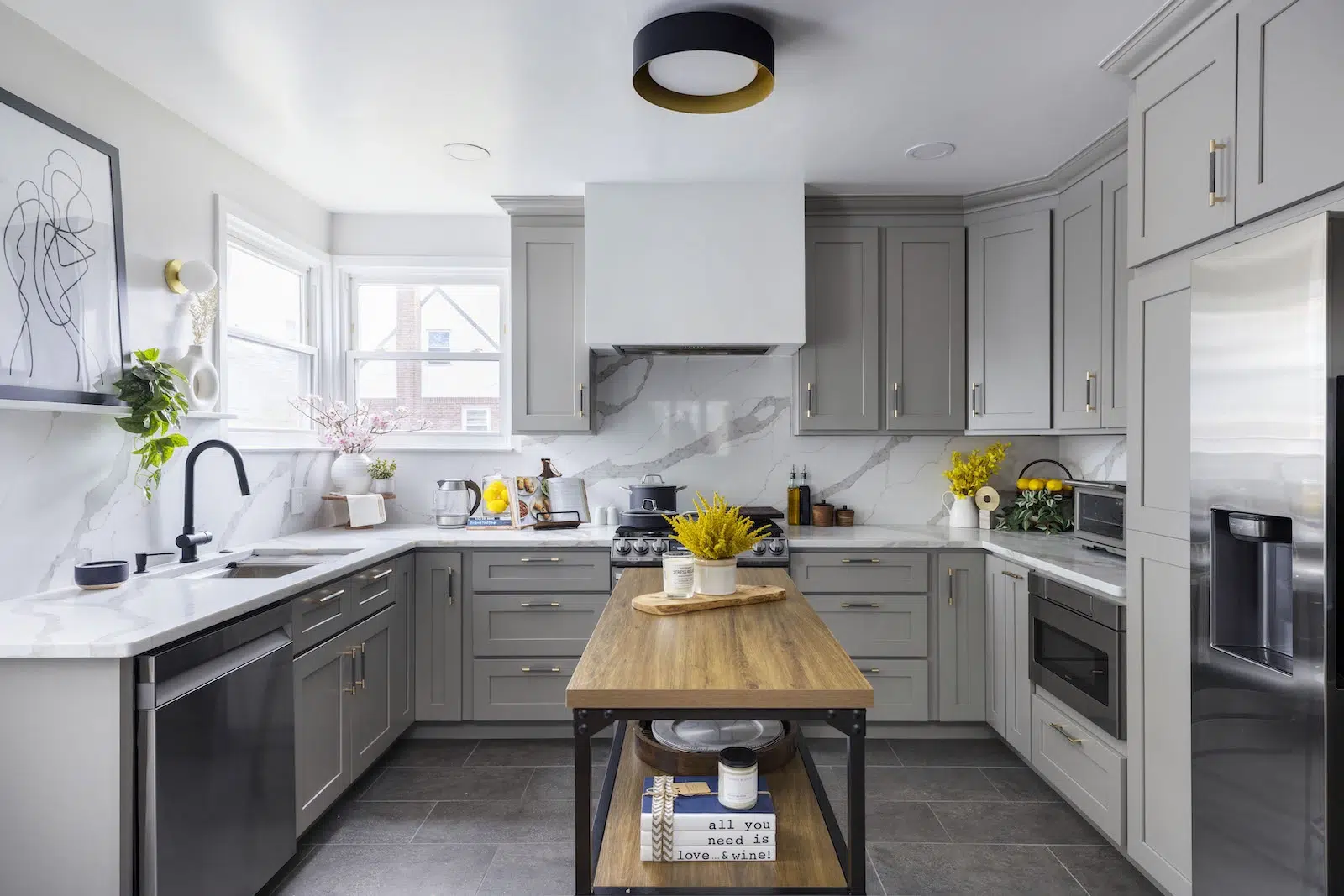 greige gray kitchen cabinets in home remodel in rosedale