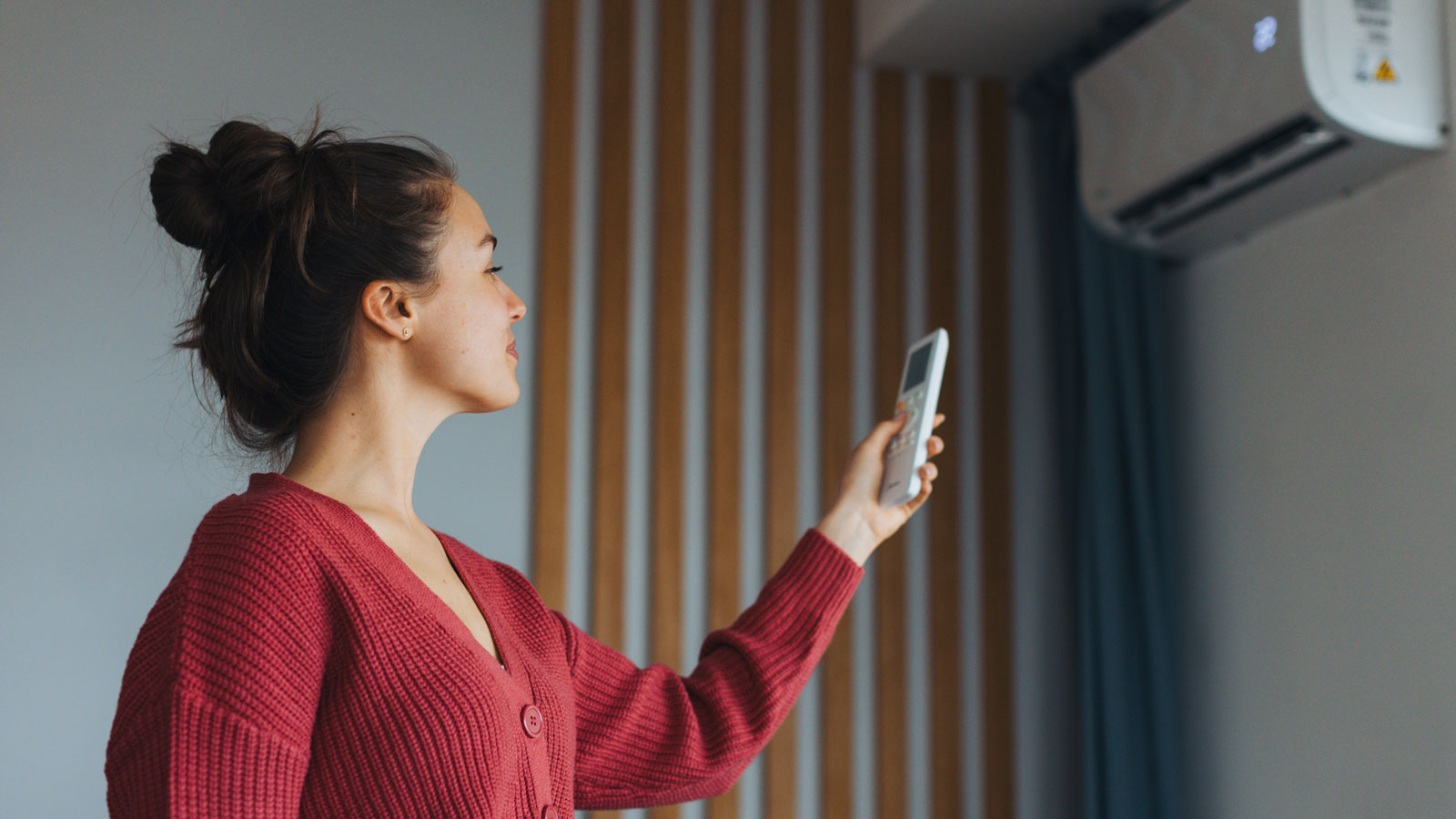 woman holding air conditioning remote control
