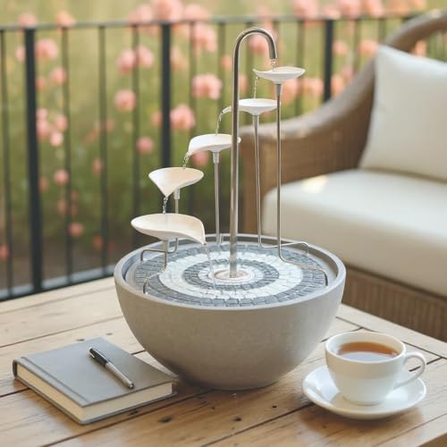 Hydria Large 45cm White Leaf Cascade Indoor Outdoor Water Feature, Battery Powered Fountain, Includes Glass Mosaic, Porcelain Bowl, Up to 100 Hours Per Charge, Usb Charging, British Brand, Wireless