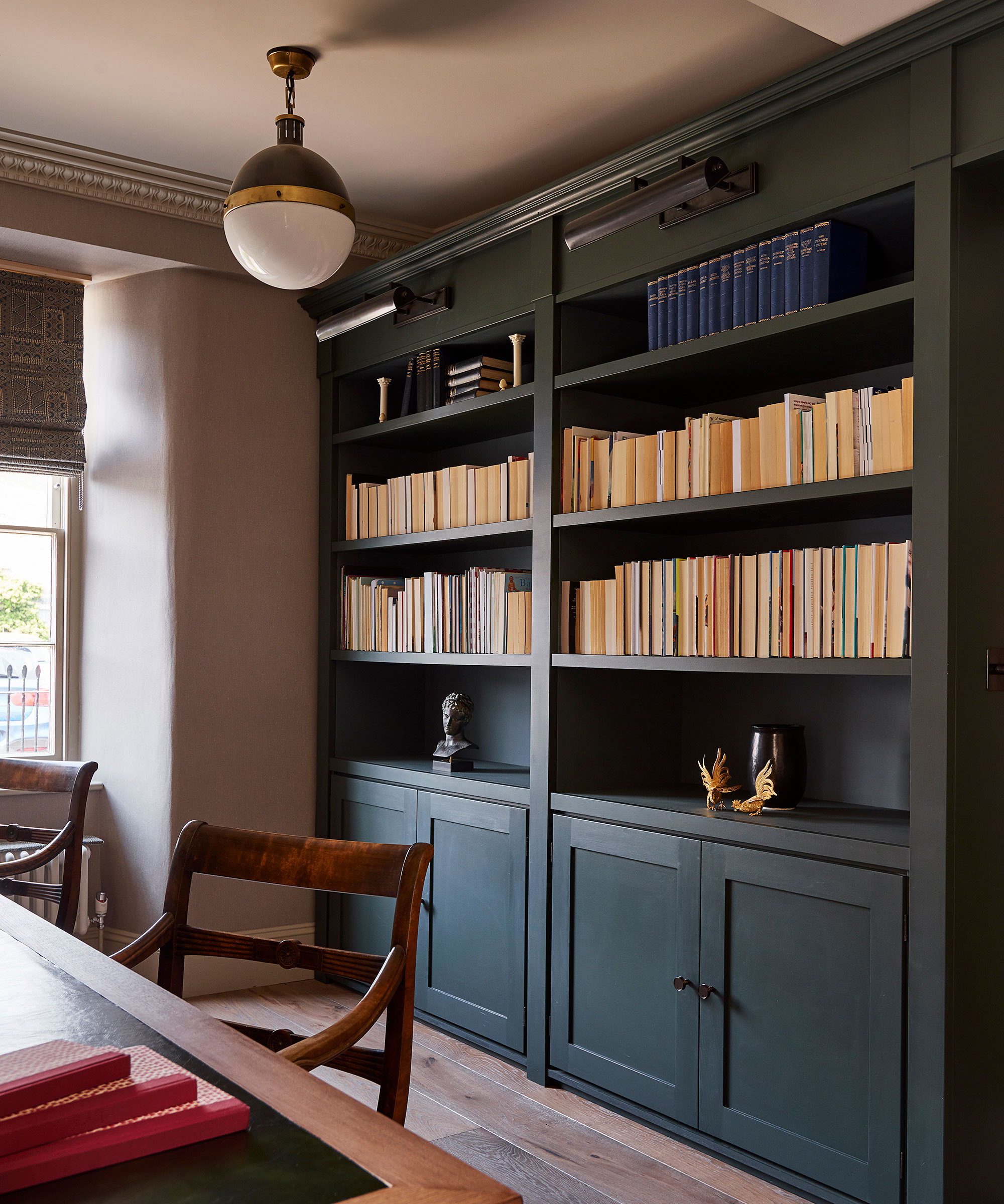 charcoal book shelves in home office