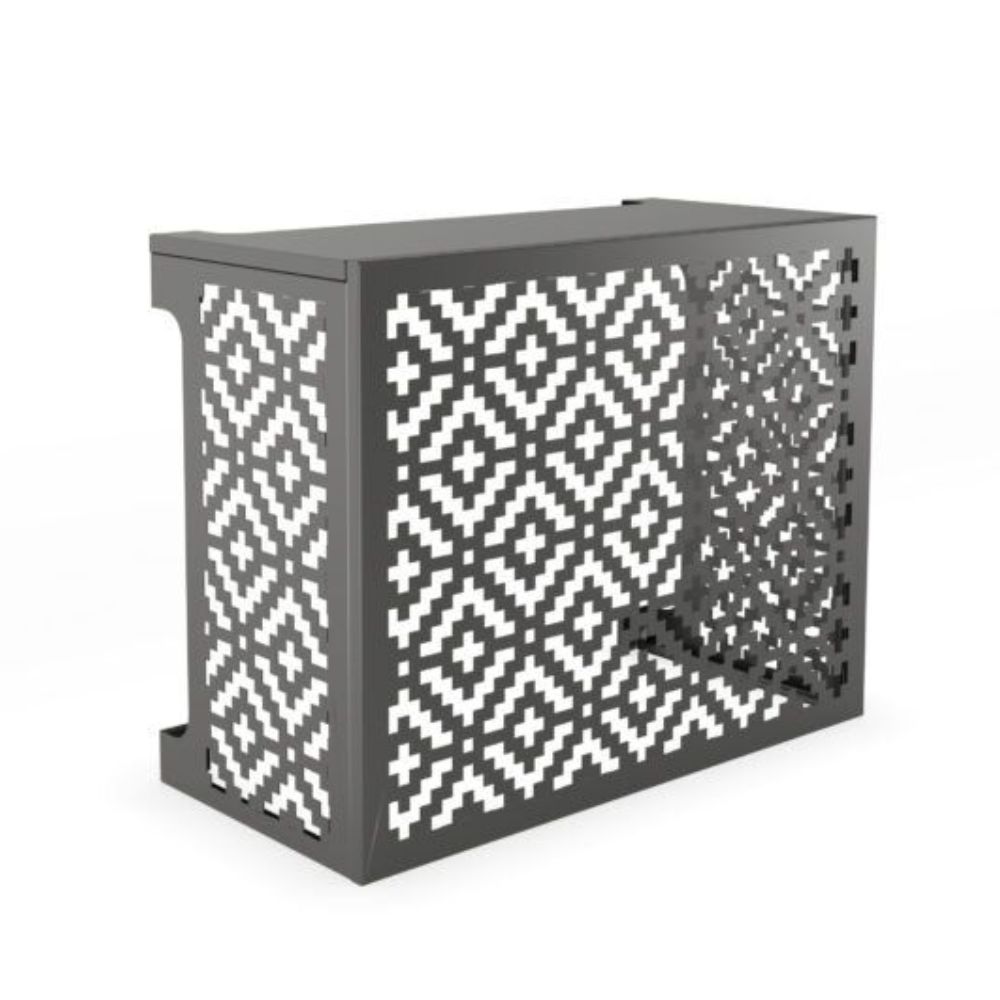 A highly decorative heat pump cover with a Persian rug style pattern in steel
