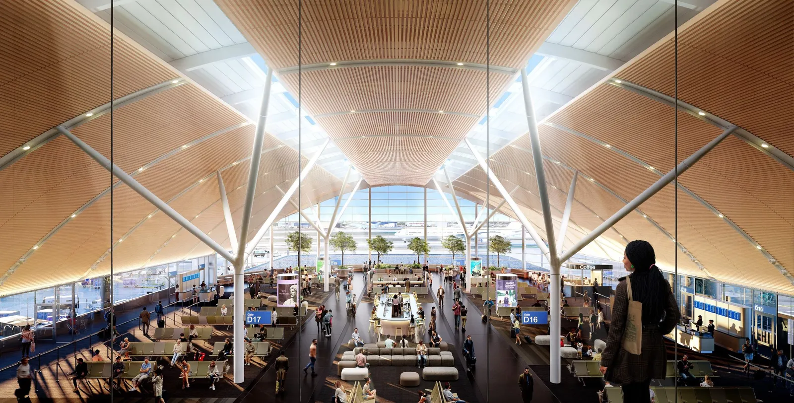 Rendering of Concourse D's south end overlook shows airline gates and big windows.