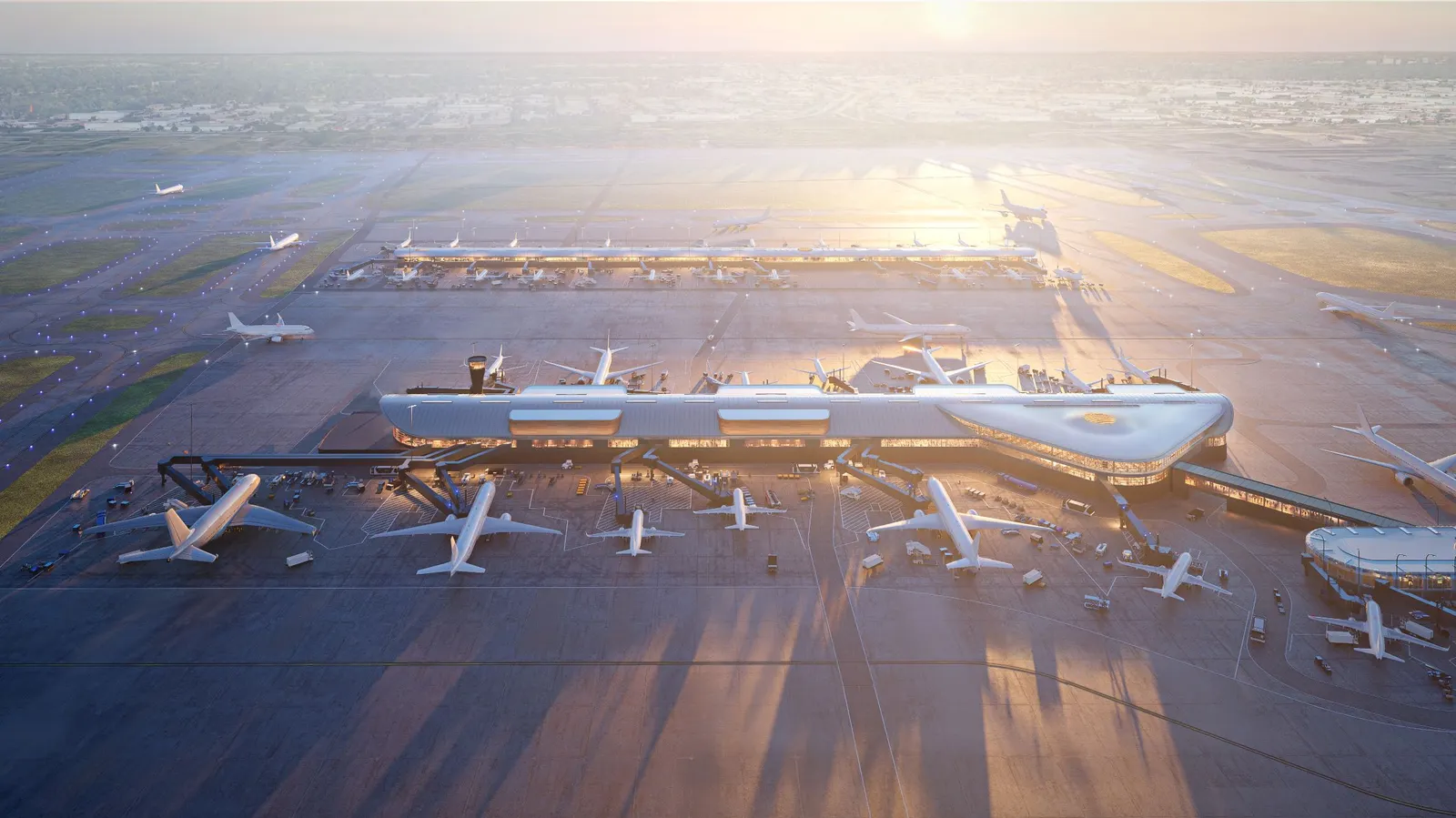 Aerial view of concourses D and E at Chicago O'Hare airport.