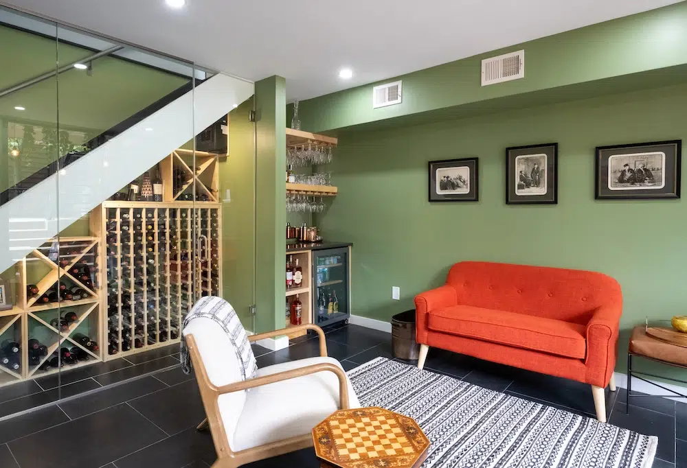 wine storage under staircase in basement remodel in DC
