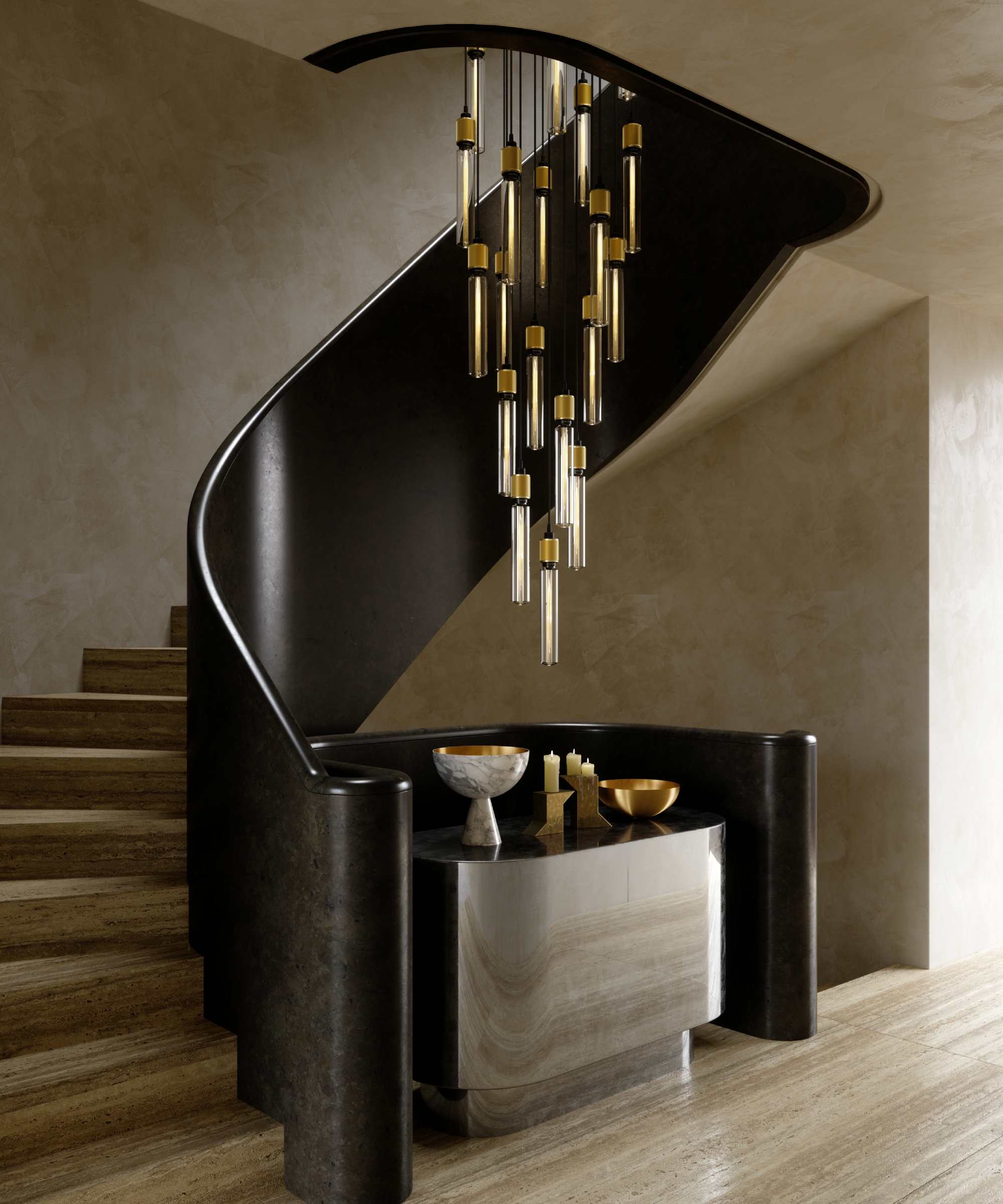 modern staircase with long chandelier