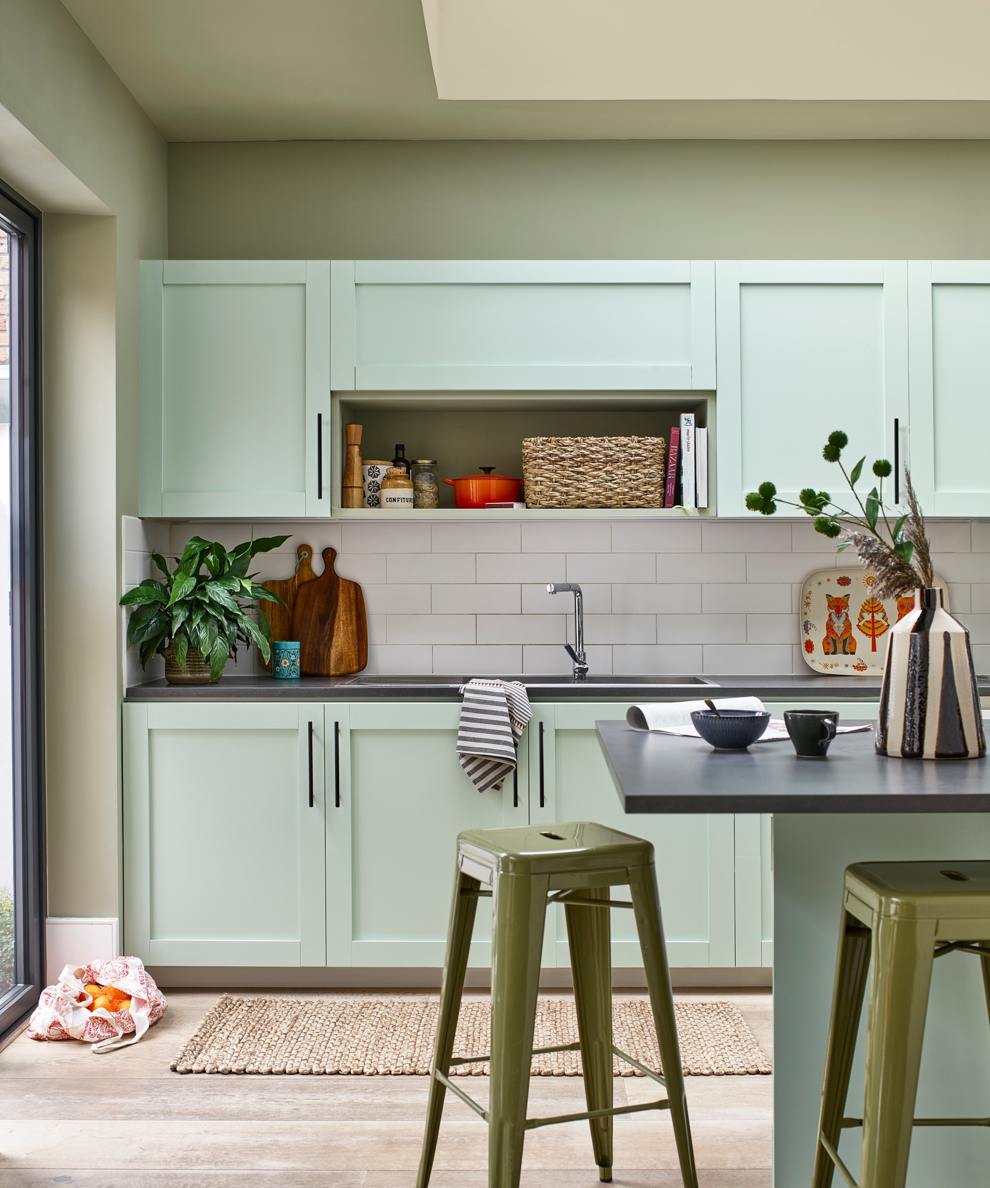 Colour Capping in Kitchen cabinets in Dulux Willow Tree, ceiling in Overtly Olive