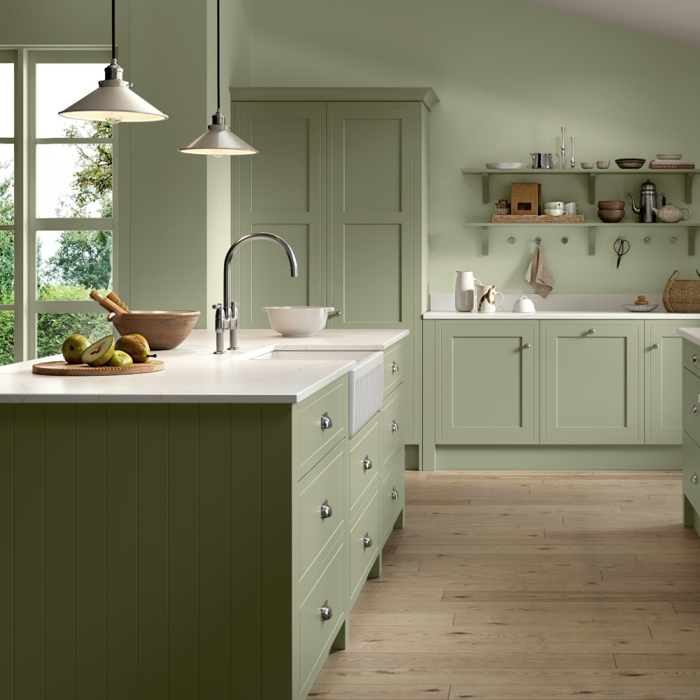 kitchen painted in farrow &amp; ball vert de terre green paint
