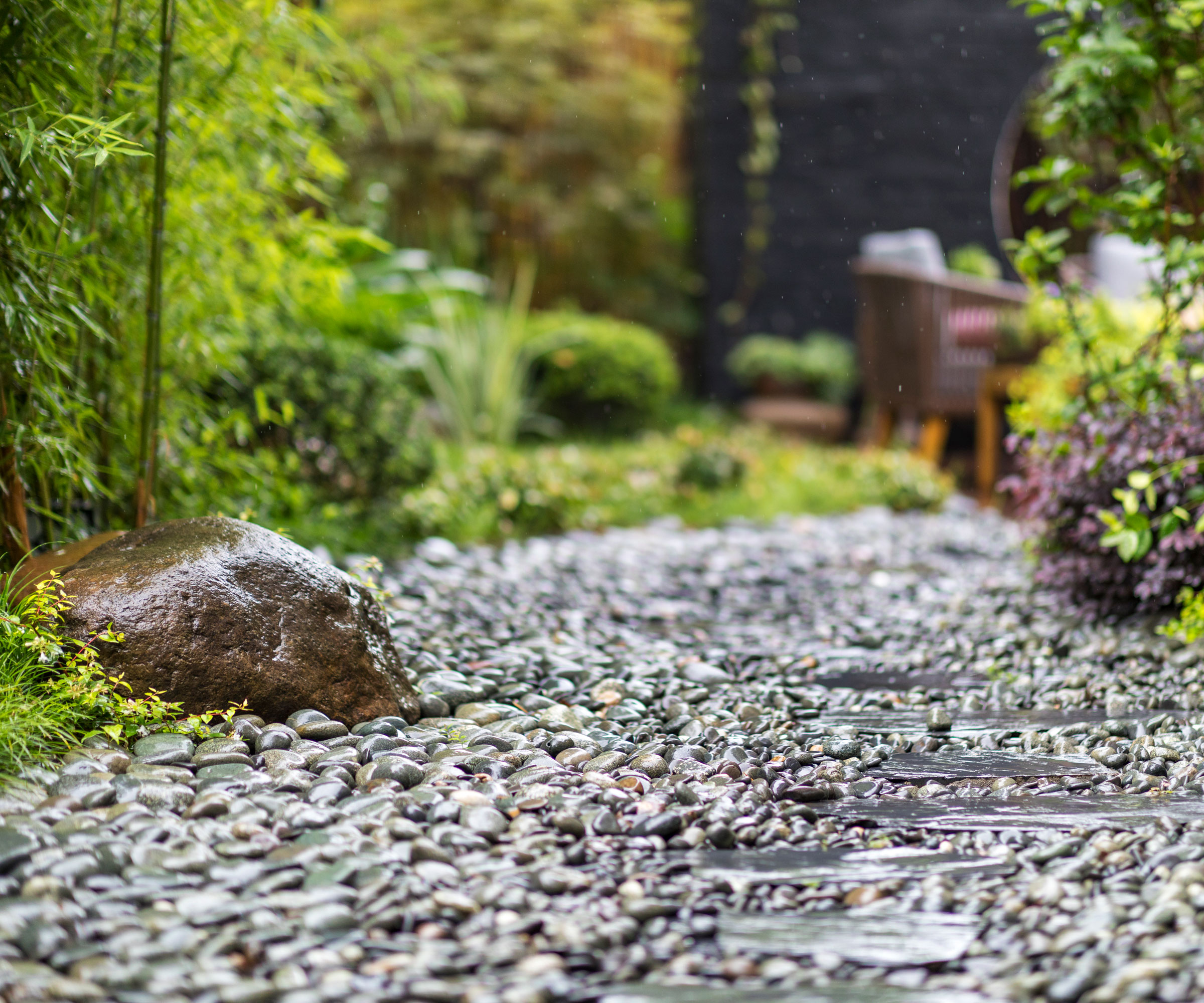 pebble path through garden with stepping stones, ornamental rock and trees and plants