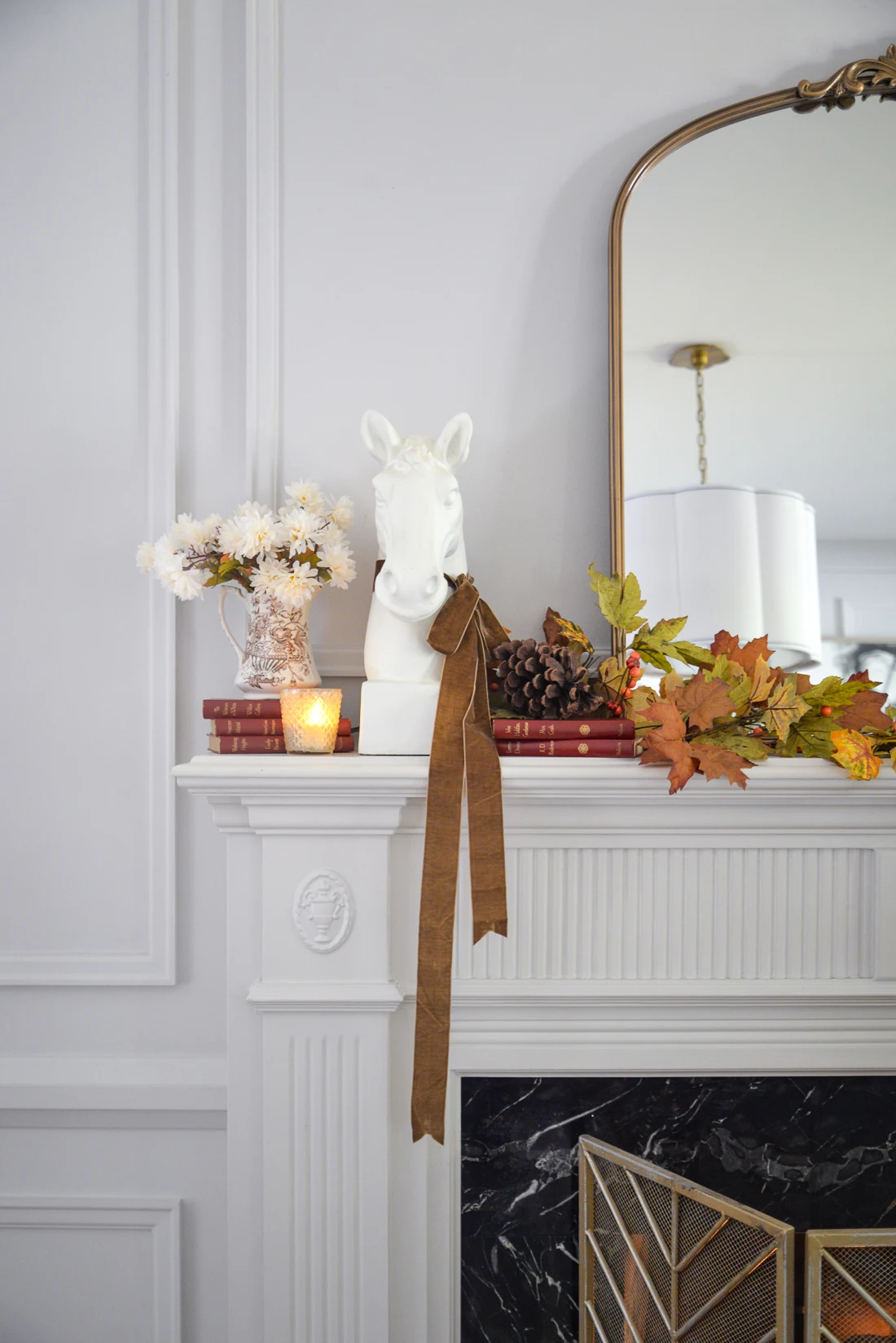 traditional living room fall decor, fireplace mantel mirror, fireplace mantle mirror ideas