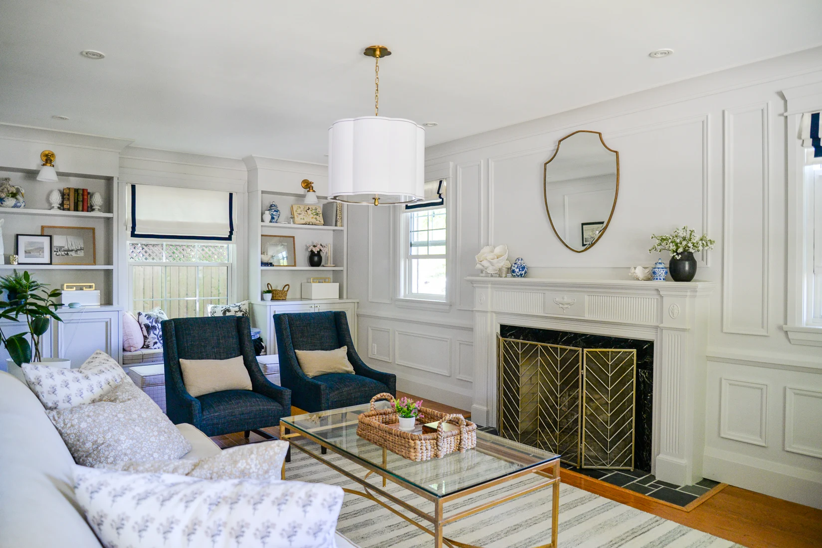 traditional living room with fireplace summer decor