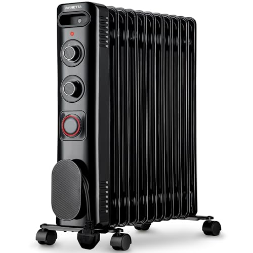 Netta Oil Filled Radiator 2500w Portable Electric Heater With Thermostat &amp; 24 Hour Timer 2 Power Settings Home Office Energy Efficiency &ndash; 11 Fin, Black