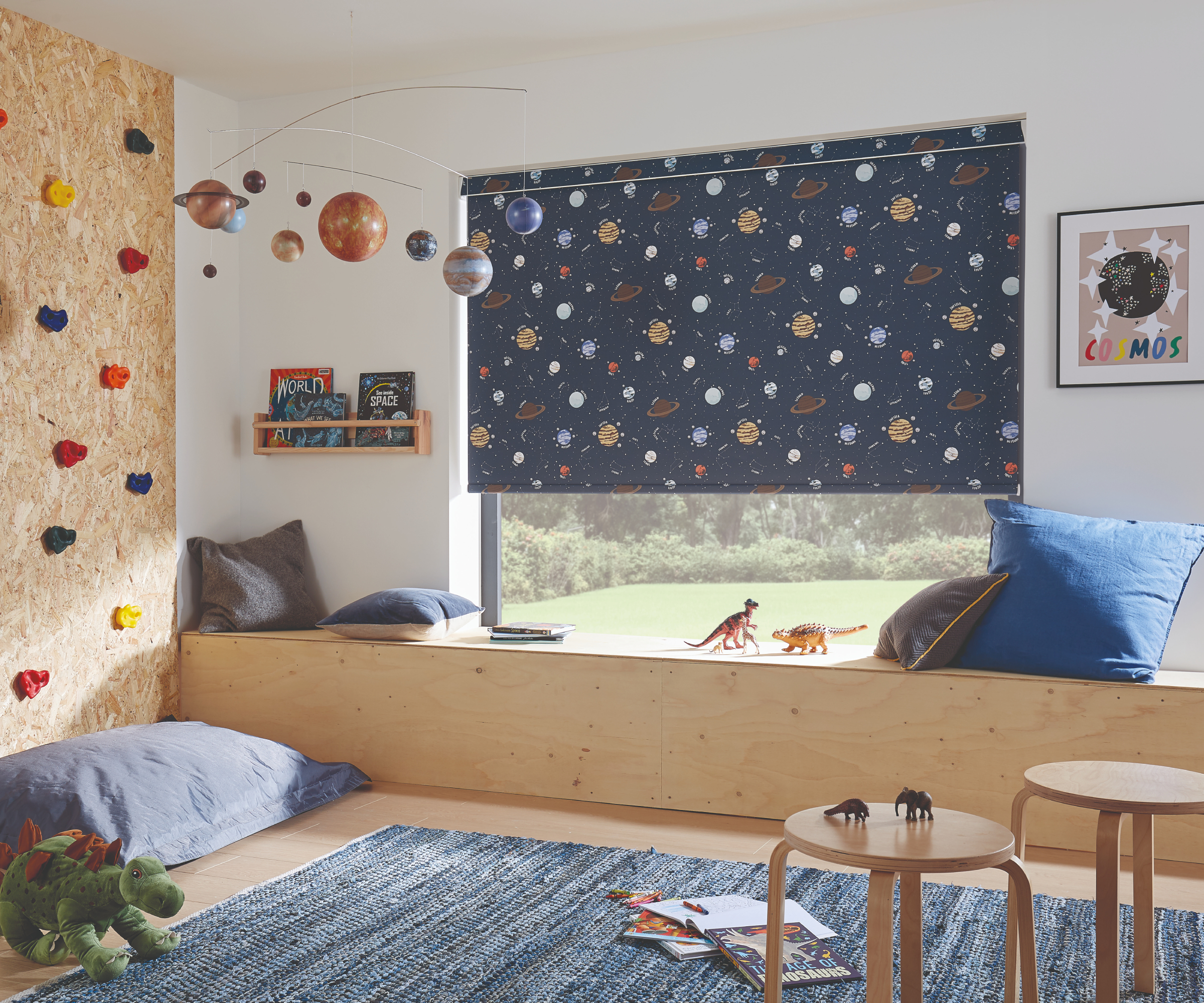 child's bedroom with storage unit below window made from plywood
