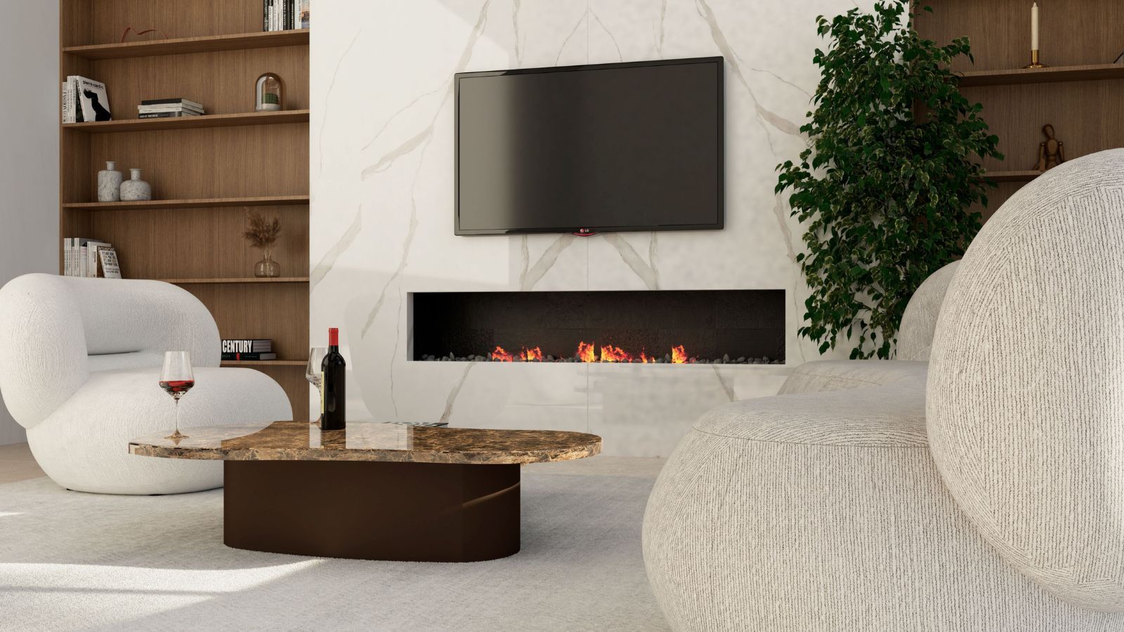 A contemporary living room with a marble effect feature wall and a wall mounted television above a modern fireplace