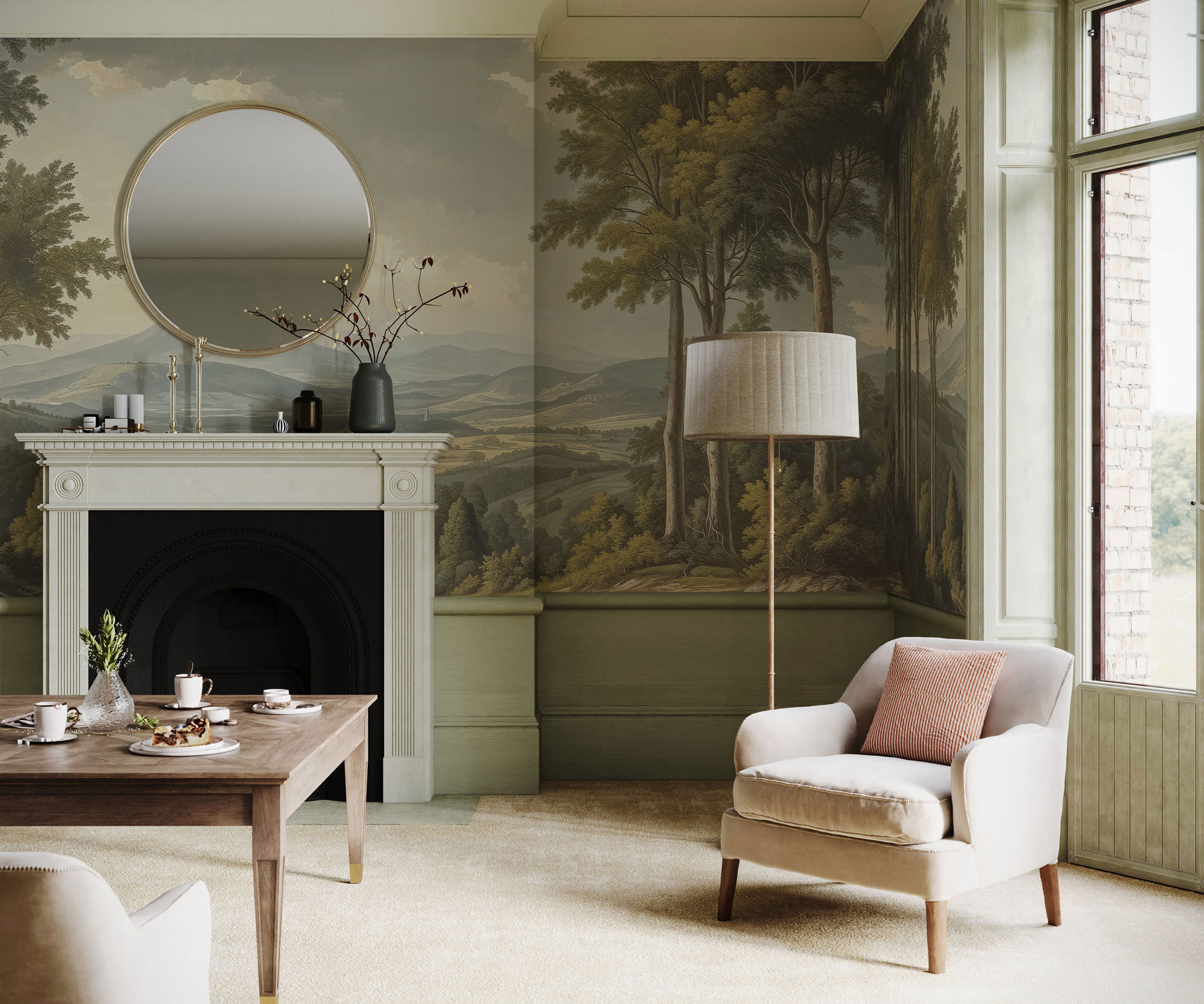 classic living room with wall mural depicting a woodland scene