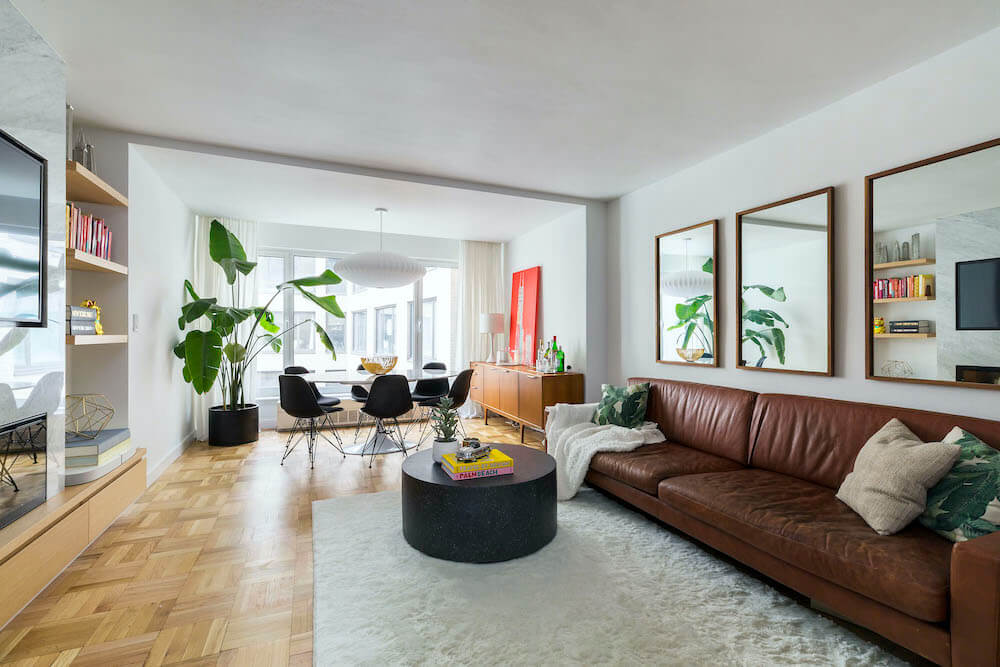 Living and dining area with shag rug