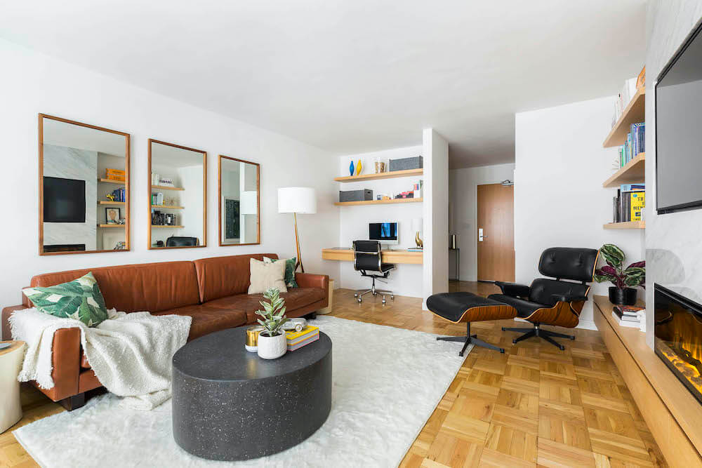 modern living room remodel with niche office desk