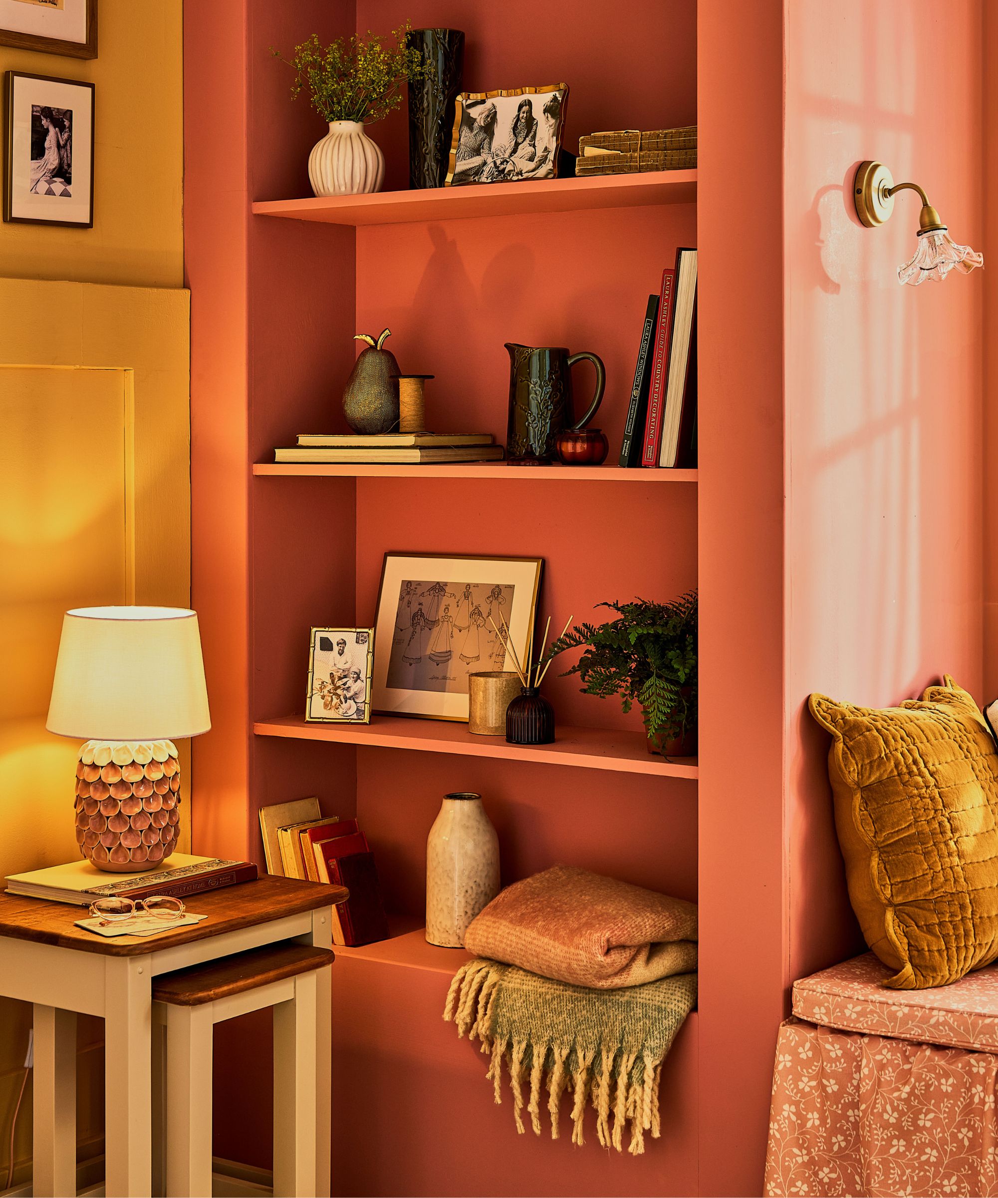 A warm, cosy living room corner with a built-in shelving nook painted in a deep terracotta red. The shelves are styled with books, framed art, photographs, vases, and plants, giving a personal, homely touch.