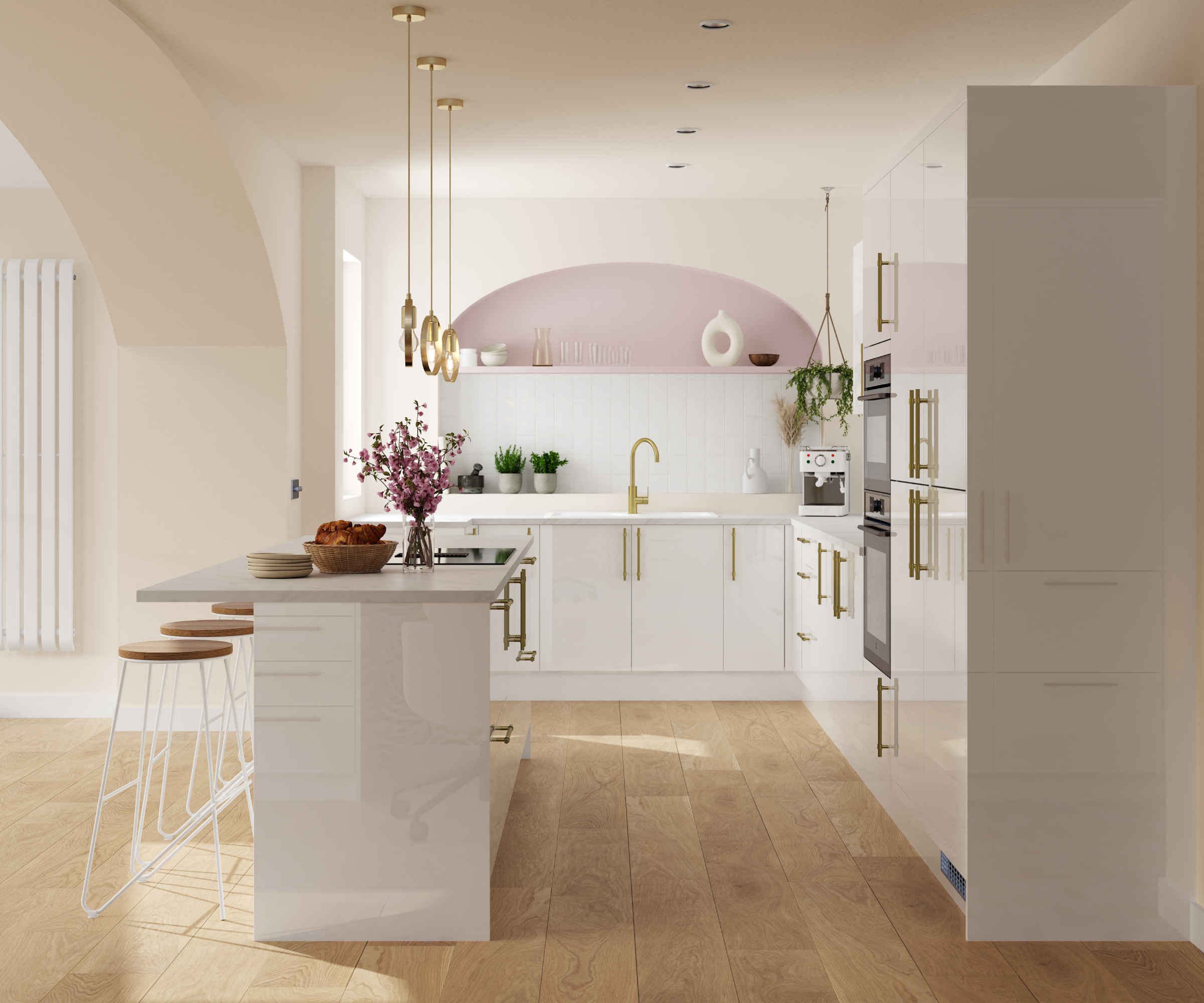 white gloss kitchen with wooden floor
