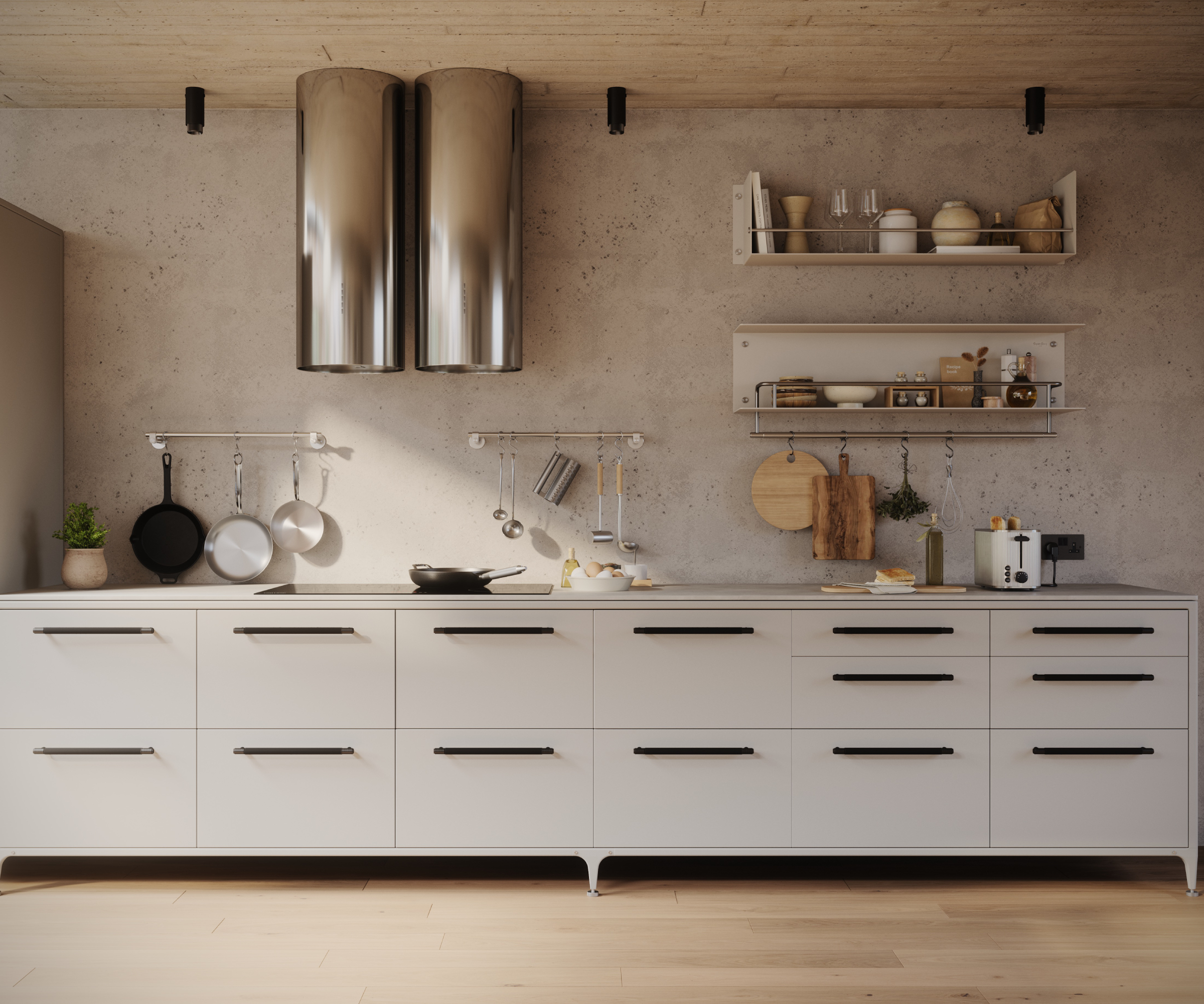 white modern kitchen with chrome extractor, black hardware and light wooden floor