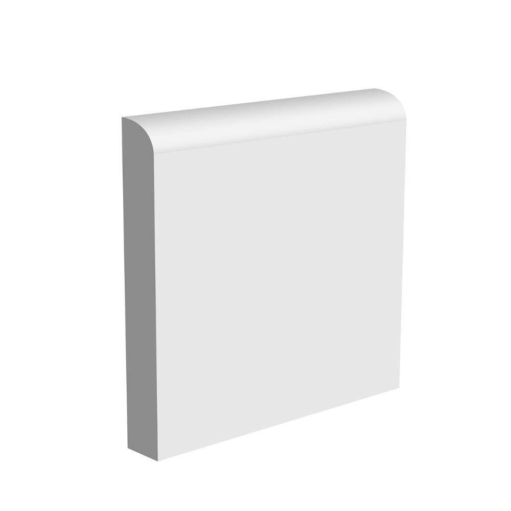 A piece of bullnose skirting, primed in white paint