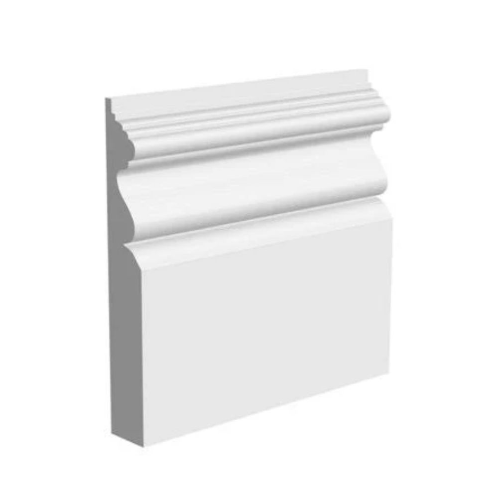 A piece of ornate Victorian style skirting board in white primed MDF