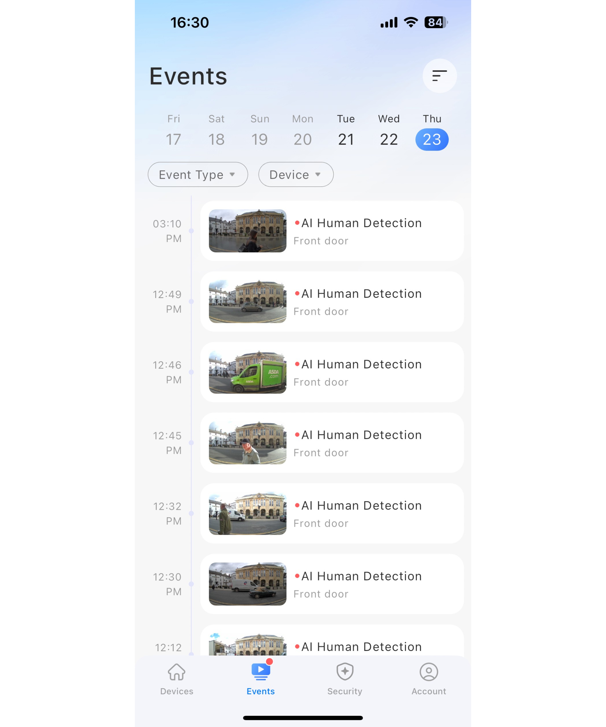 events screen of Ezviz app