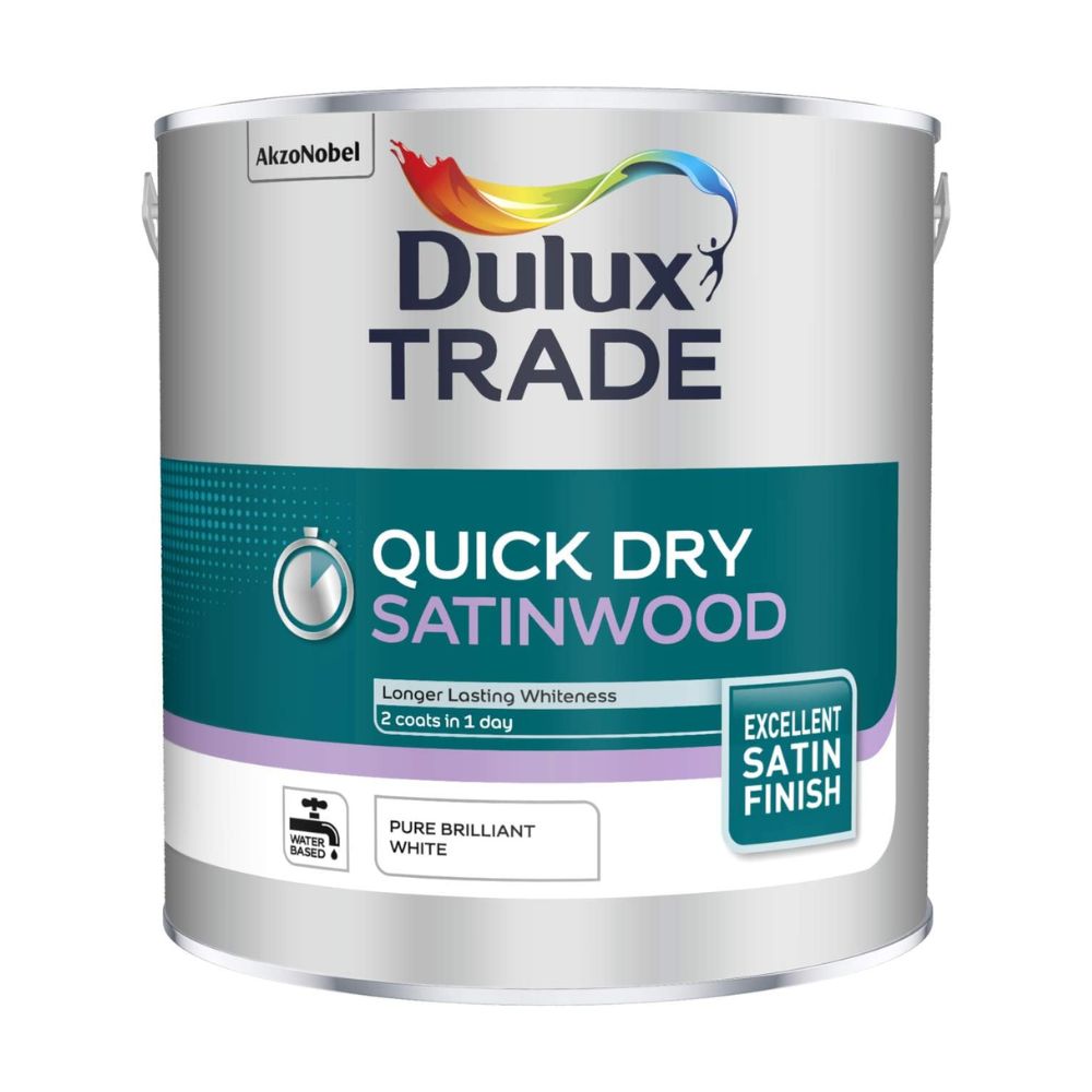 A pot of Dulux Trade paint in Brilliant White satin finish