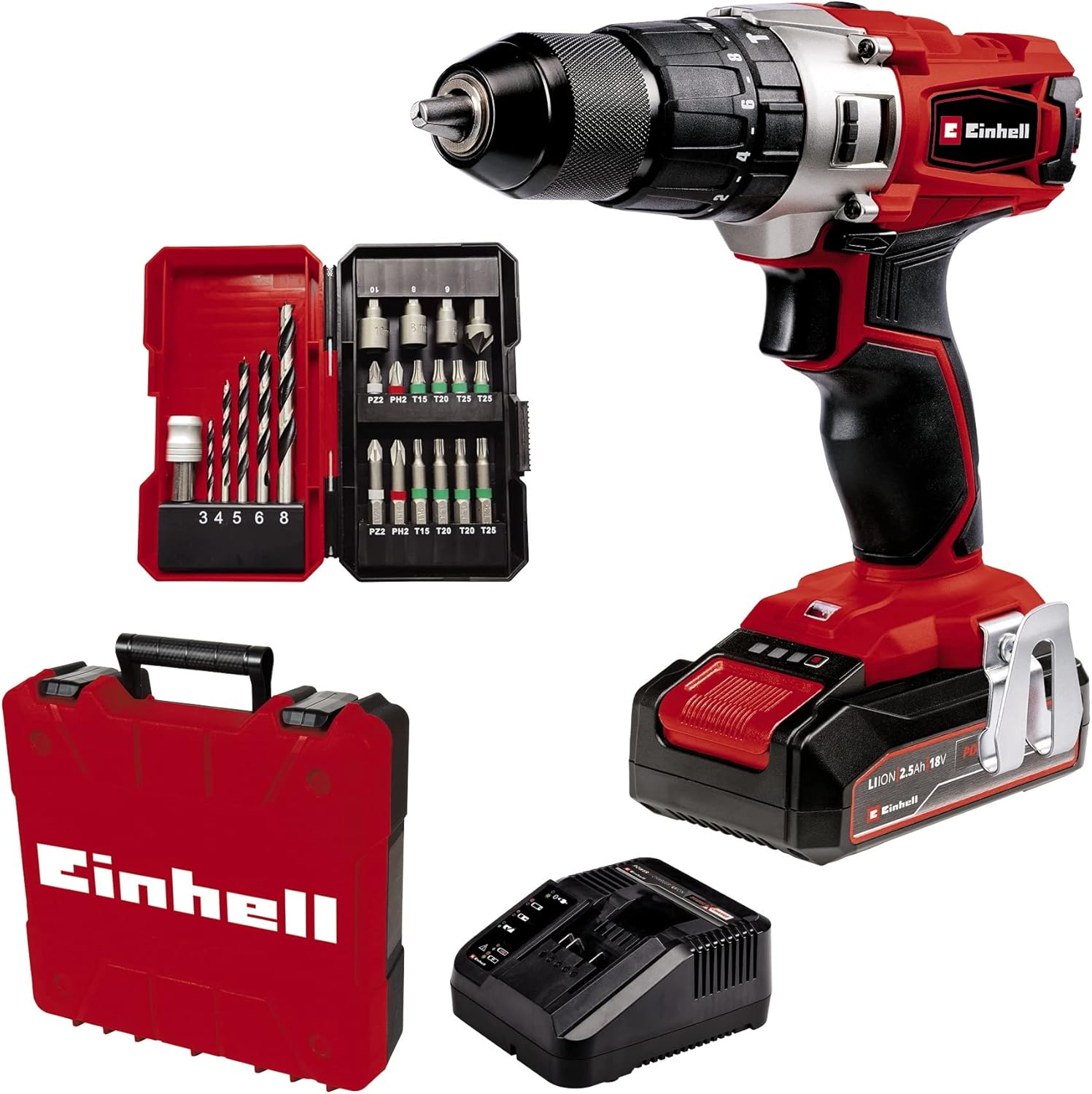 Einhell Power X-Change 44nm Cordless Drill Driver With Battery and Charger - 18v, 3-In-1 Combi Drill, Hammer Drill and Screwdriver - With 22 Piece Drill Bit Set and Storage Case, Red/black