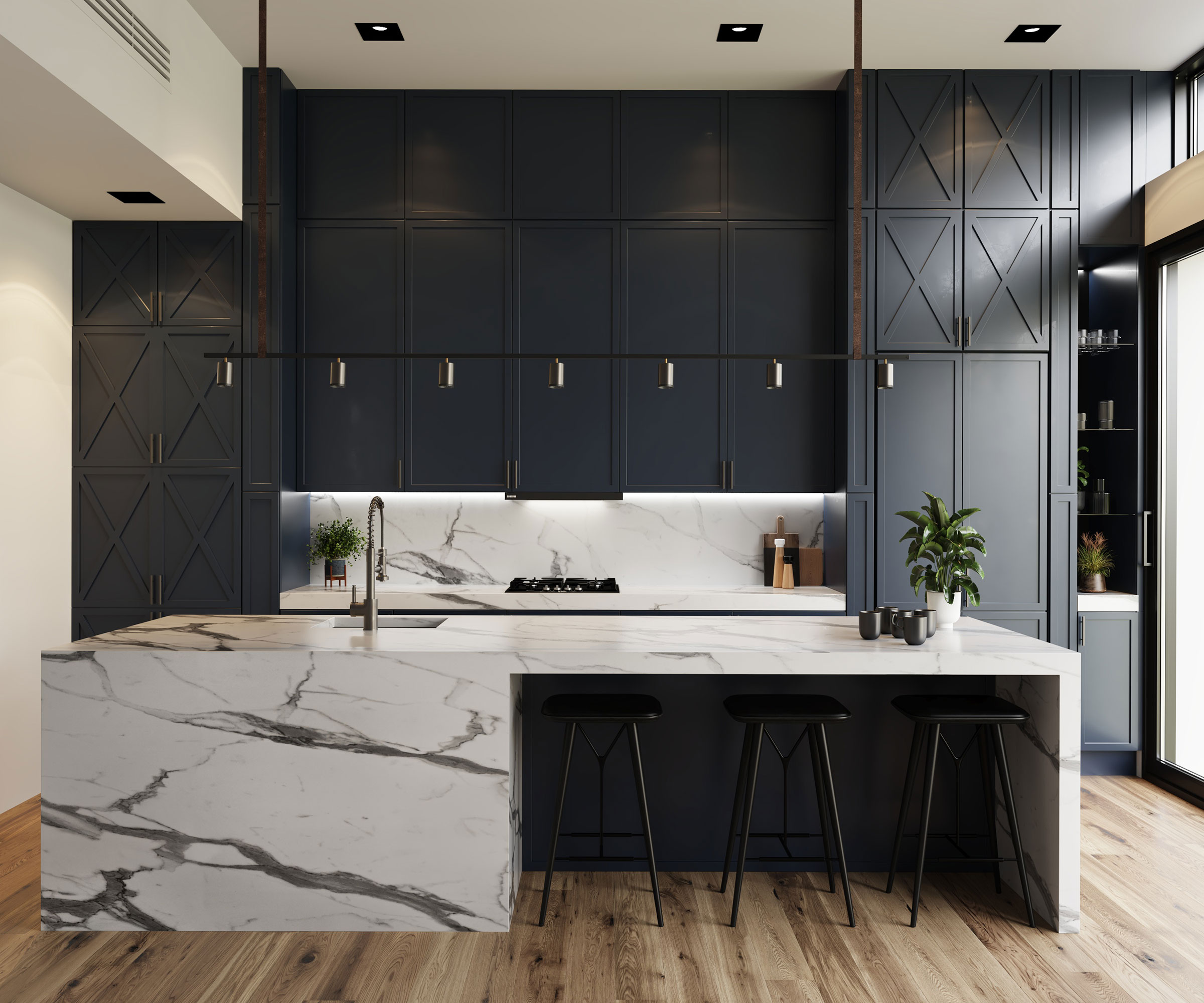 navy blue kitchen with full height units and marble kitchen island with brass boiling water tap