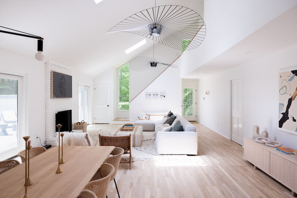 amagansett beach house remodel with wood floors and pitched ceilings