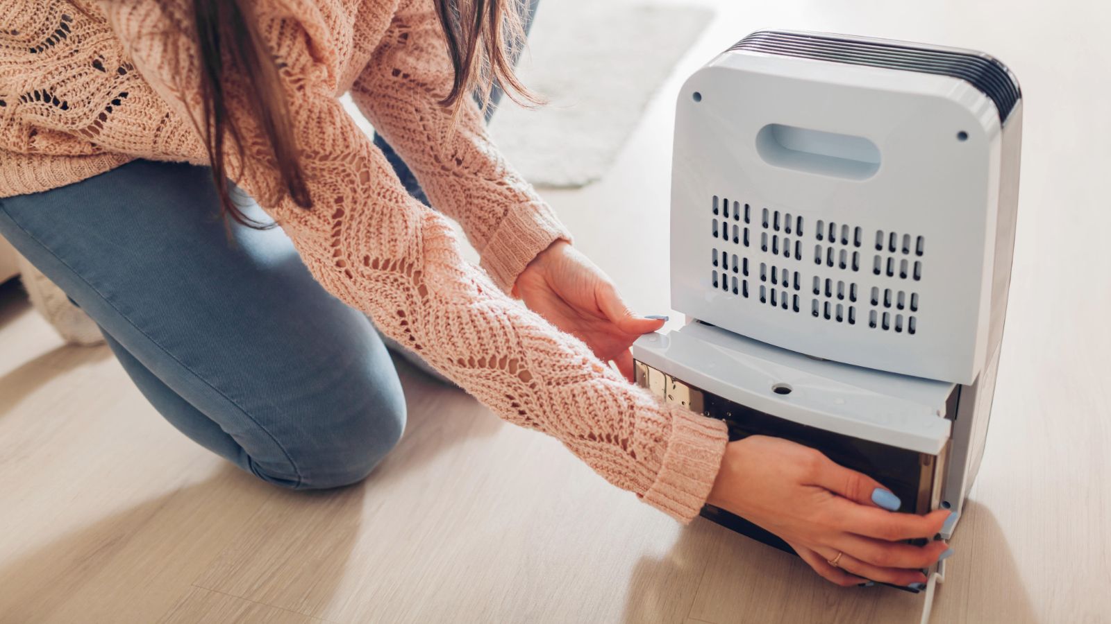 Person changing the water tank of a dehumidifier
