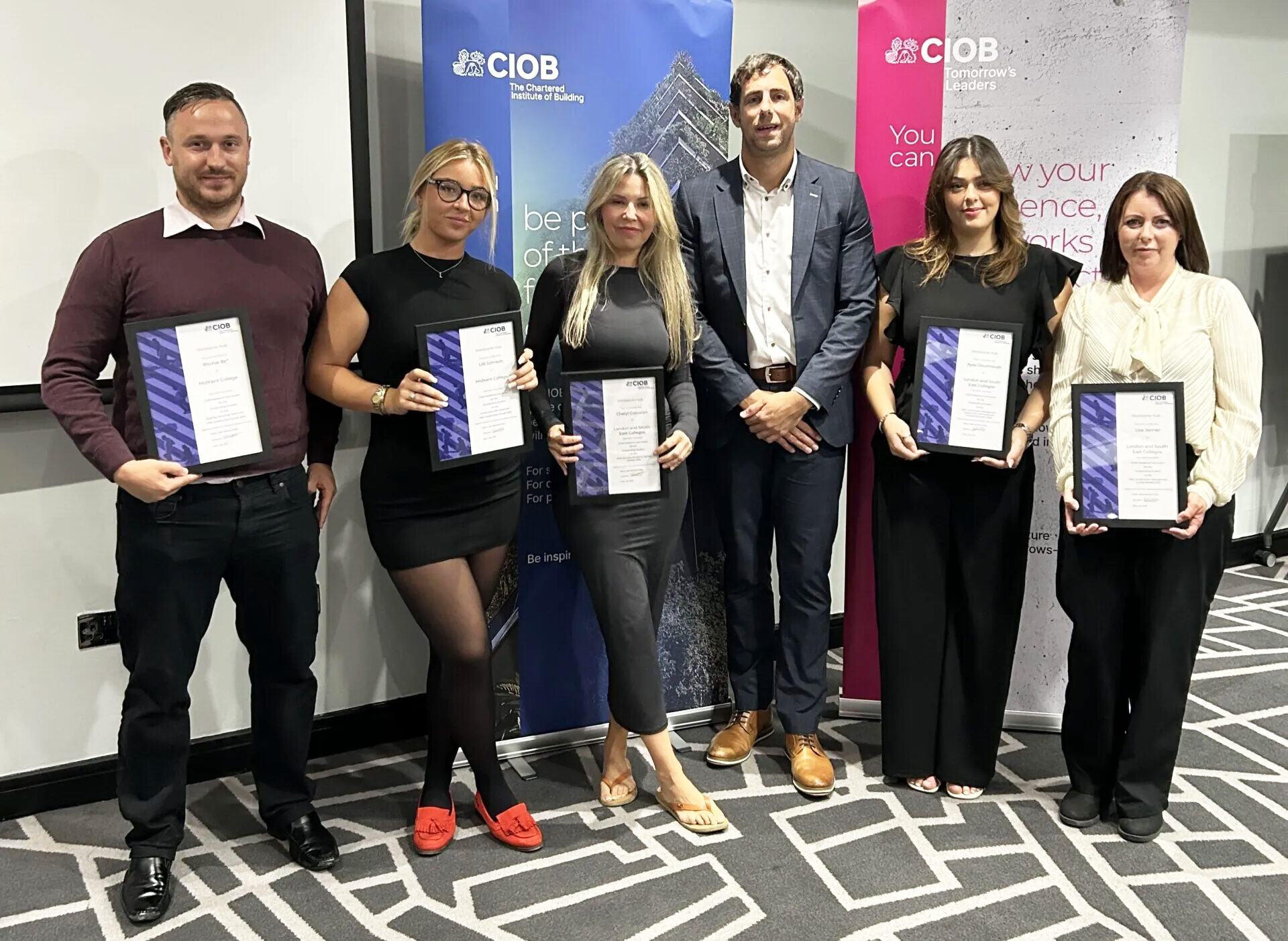 From left: Ritchie Bell, Lilli Johnson, Cheryl Corcoran, Adam Mitchell FCIOB (Maidstone Hub Chair), Ayse Dourmoush and Lisa Jenner. Image courtesy of CIOB.