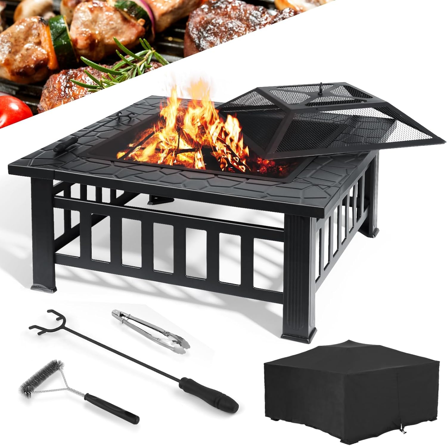 Garden Fire Pit With Grill 32 Inch, Square Metal Outdoor Wood Burning Square Fire Pit Table With Spark Protector Screen, Grate, Waterproof Cover, Coal Grid, Poker, Grill Tong and Brush for Garde