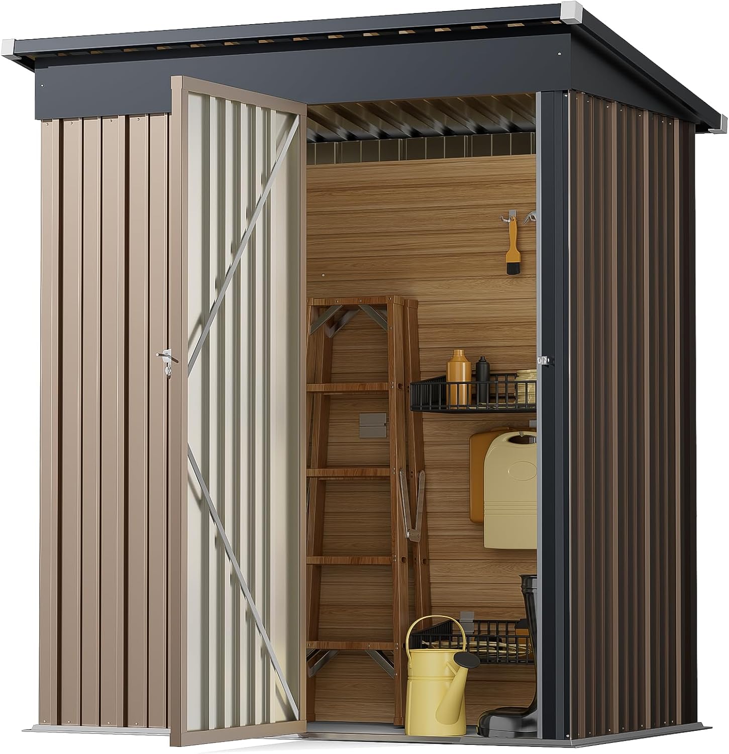 Xemqener 5x3 Ft Metal Garden Storage Shed With Swing Door - Waterproof Galvanized Steel for Gardening Tools and Equipment, 154x88x181cm, Brown