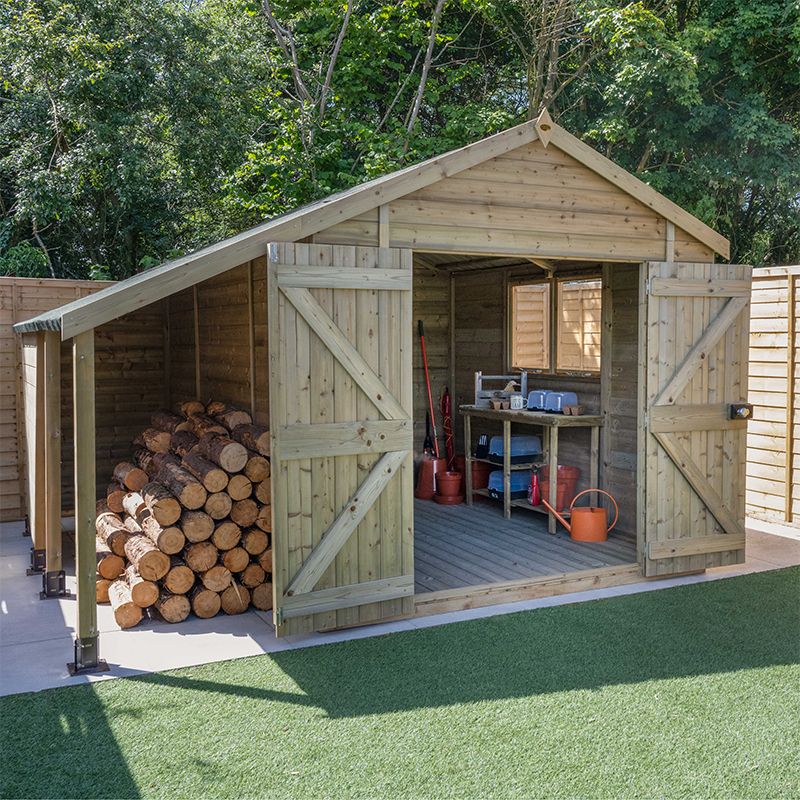 10' X 8' Forest Timberdale 25yr Guarantee Tongue &amp; Groove Pressure Treated Double Door Apex Shed With Logstore (3.07m X 2.36m)