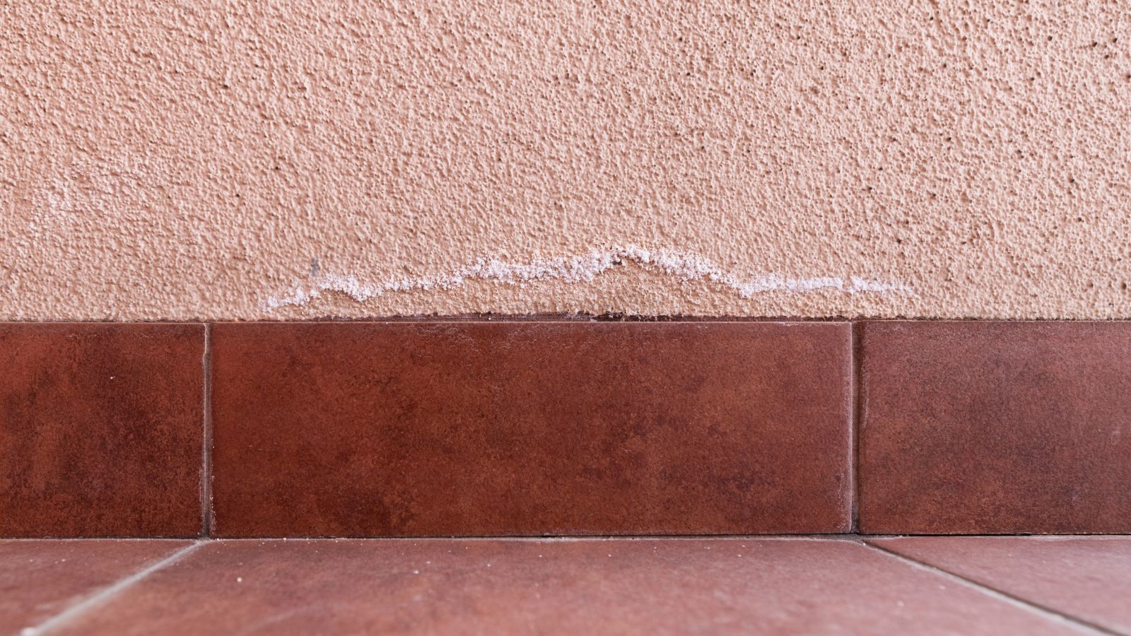 A textured, peach-toned wall shows a thin, uneven line of white, powdery residue just above the reddish-brown tiled skirting, indicating surface salt deposits forming along the base.