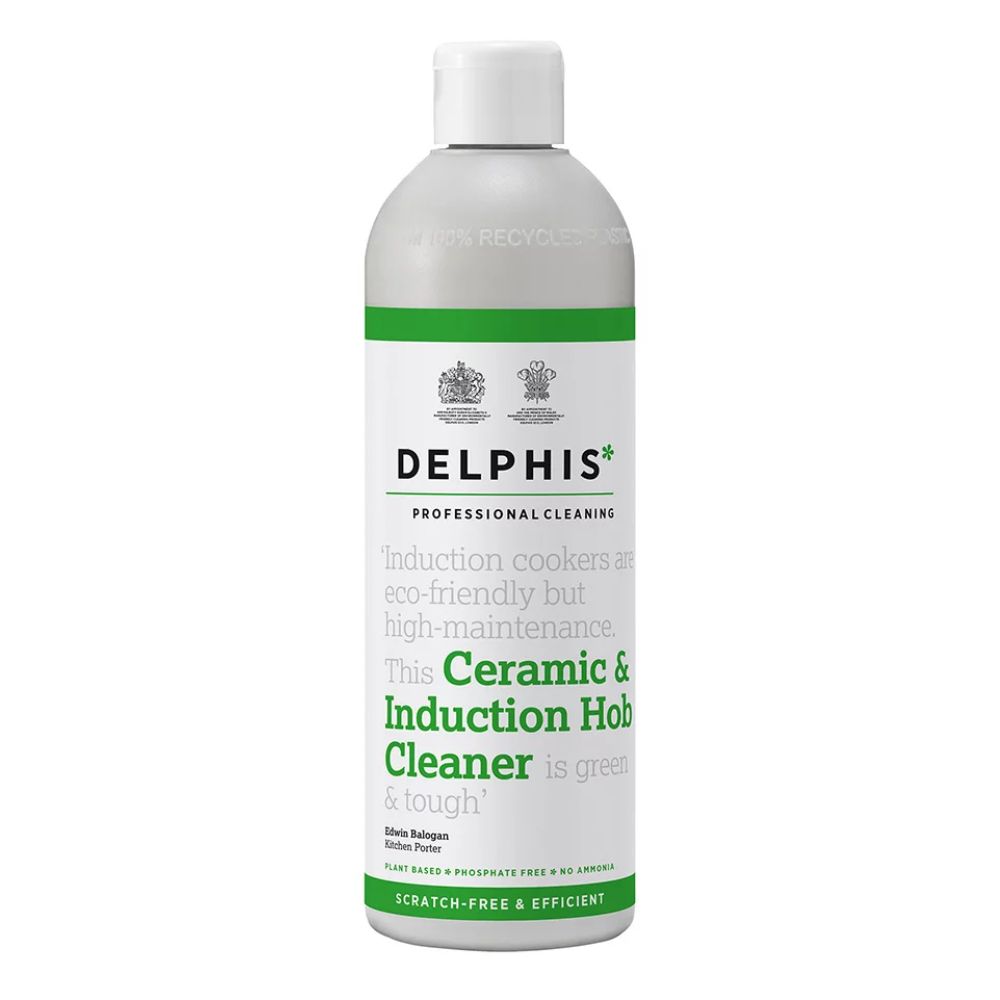 A tall, cylindrical bottle of Delphis Ceramic &amp; Induction Hob Cleaner with a white flip-top cap.